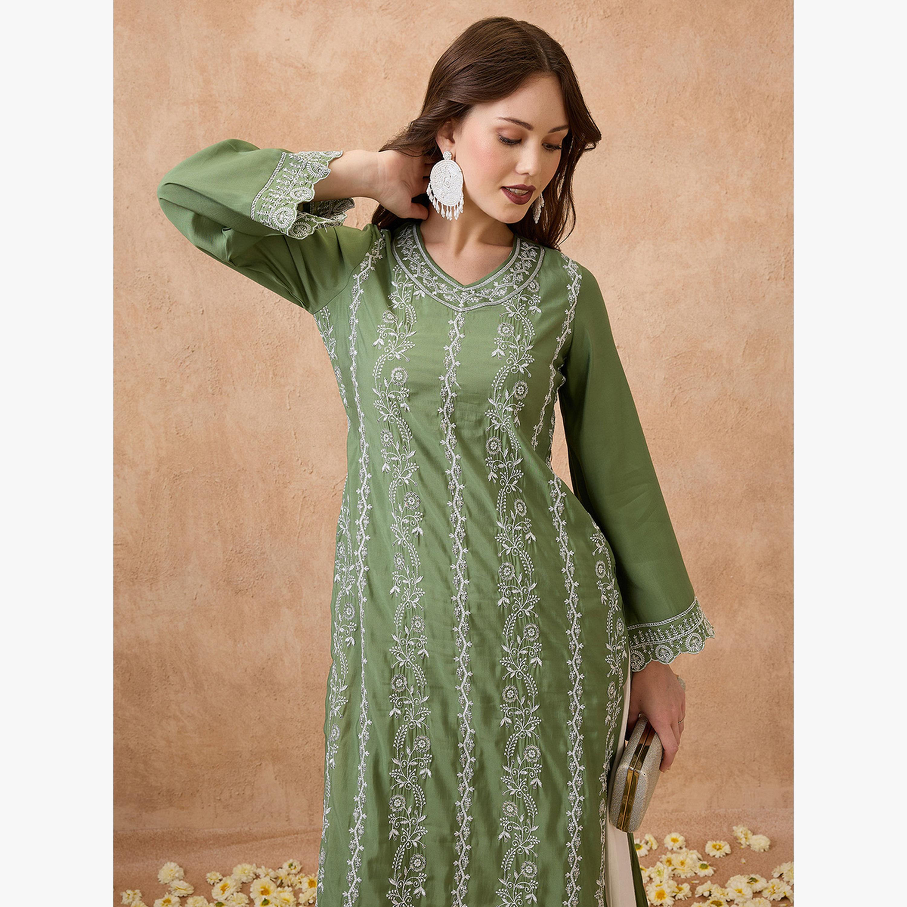كورتا مستقيمة احتفالية مطرزة بالزهور وأكمام جرسية بحافة متموجة-women-clothing-ethnicwear-kurtas-image-5