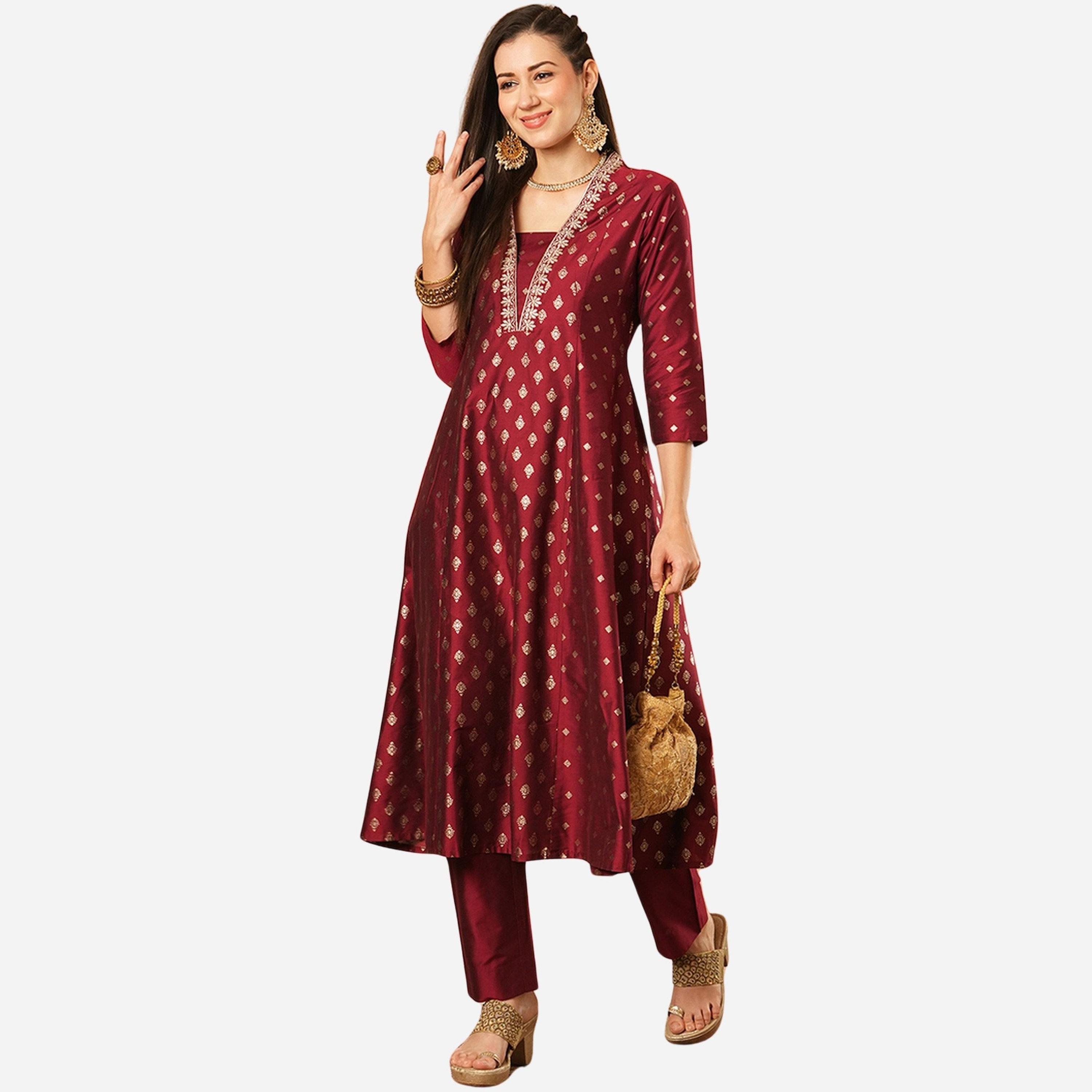 Globus X Styli Gold Foil Print Paneled Anarkali Kurta and Pants Festive Set-women-clothing-ethnicwear-kurtasets-image-1