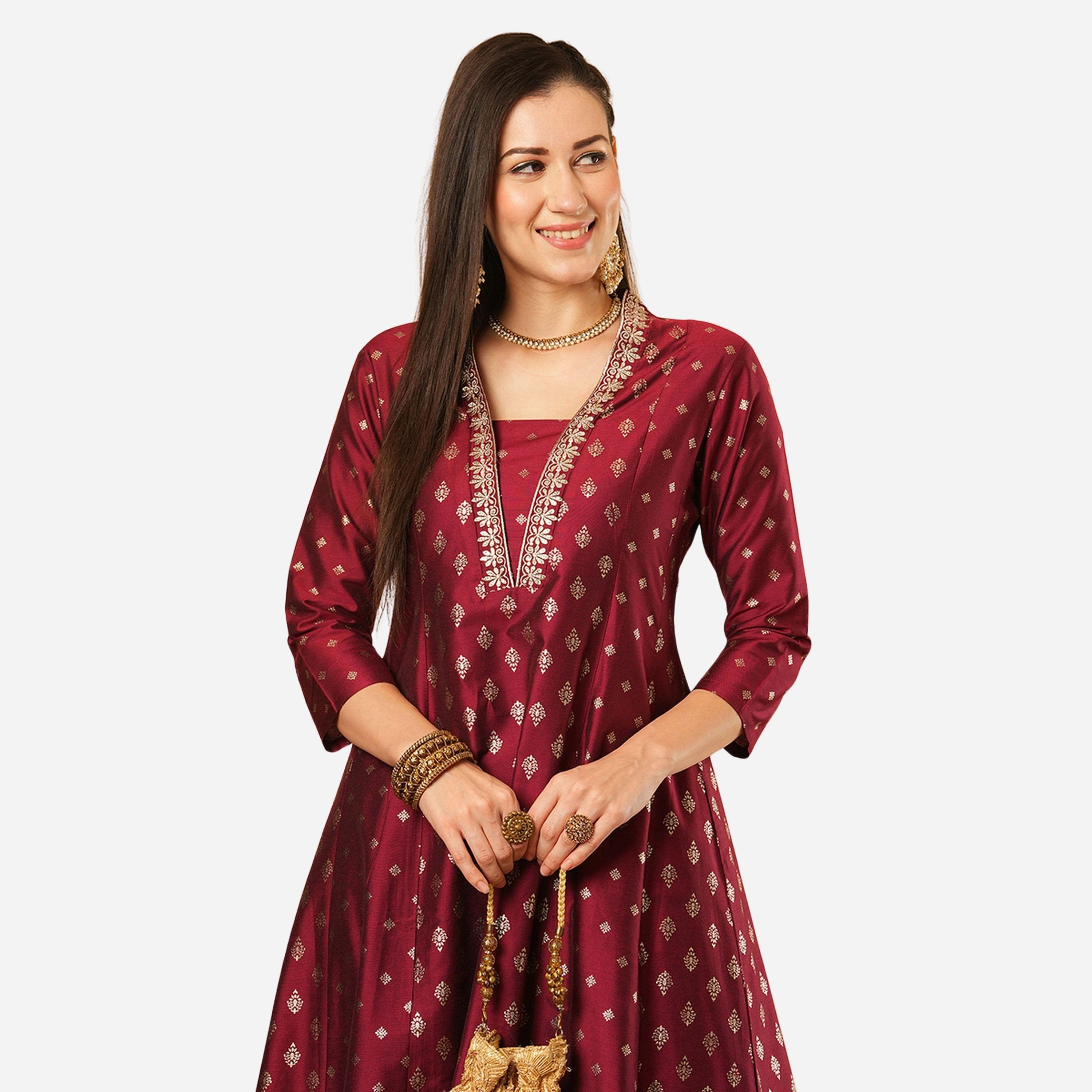 Globus X Styli Gold Foil Print Paneled Anarkali Kurta and Pants Festive Set-women-clothing-ethnicwear-kurtasets-image-4