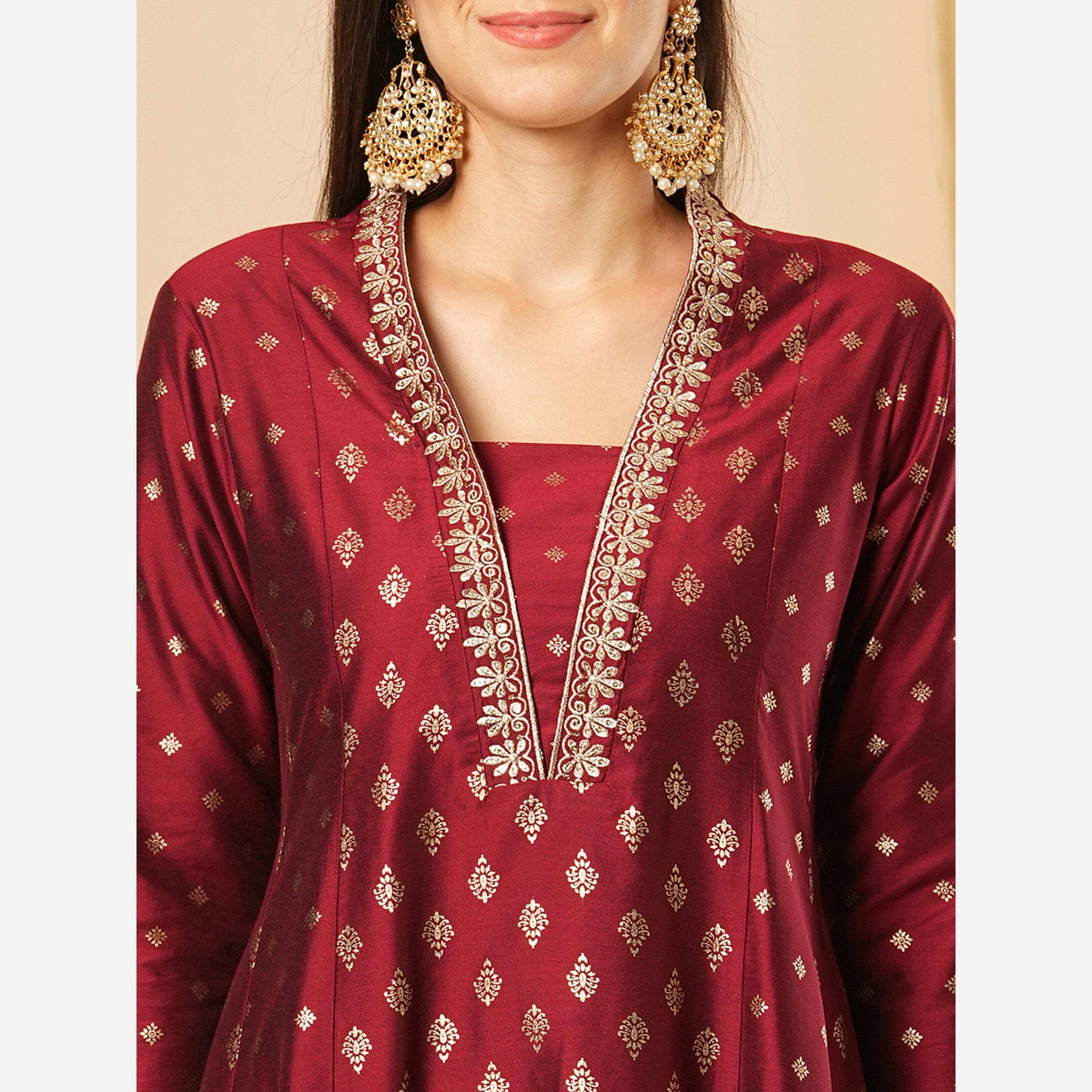 غلوبوص × ستايلي - طقم أناركالي احتفالي قميص وبنطال طبعة رقائق ذهبية-women-clothing-ethnicwear-kurtasets-image-6