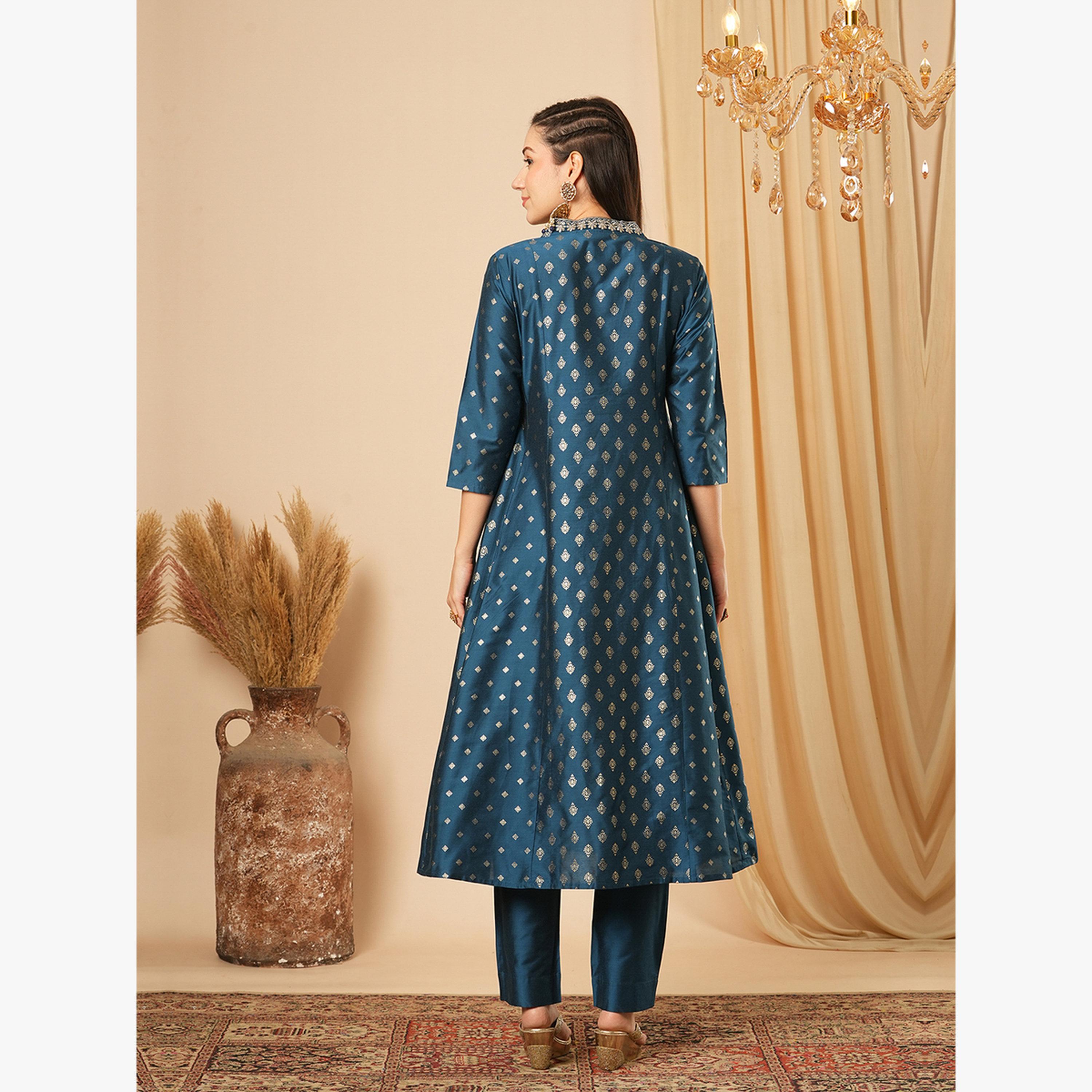 طقم كورتا أناركلي احتفالية بطبعة ذهبية مقسمة مع بنطال-women-clothing-ethnicwear-kurtasets-image-3