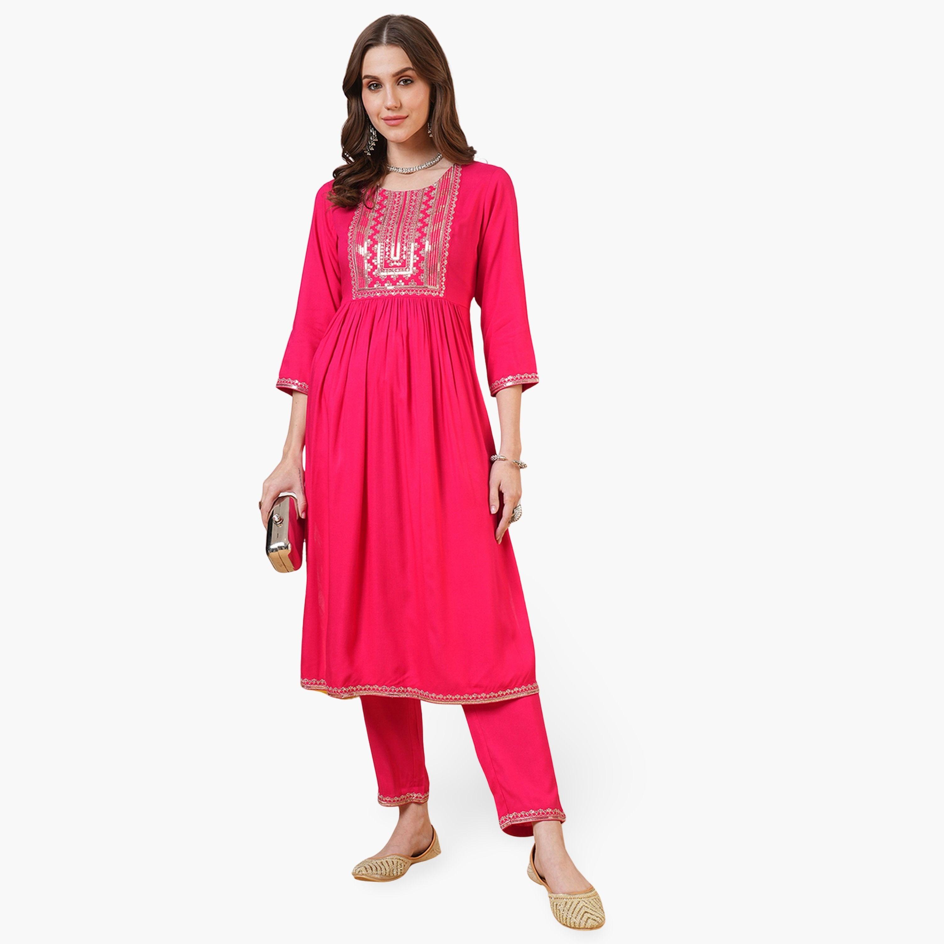 Globus X Styli Zari and Sequined Yoke Gathered Kurta with Straight Pants Festive Set-women-clothing-ethnicwear-kurtasets-image-1