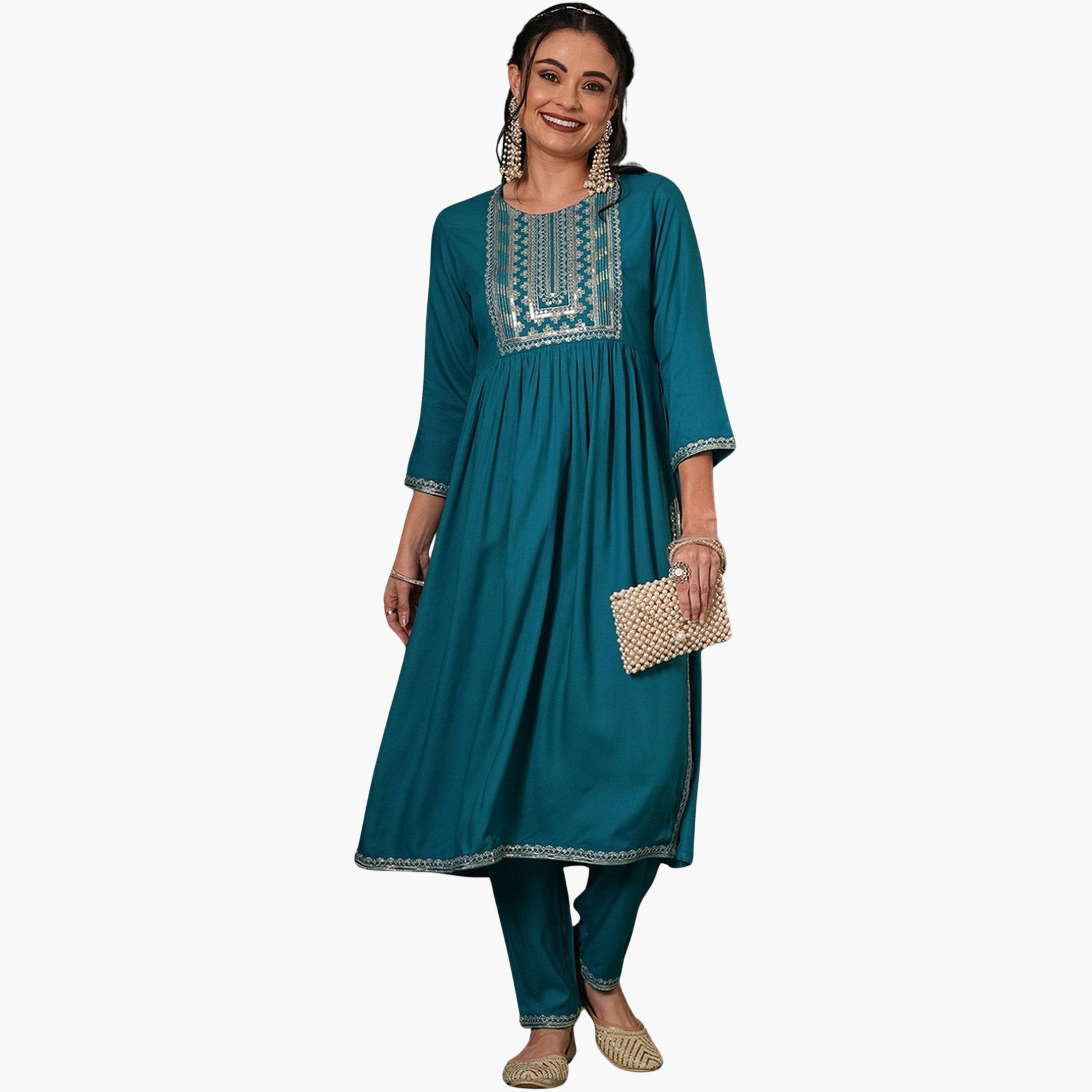 Globus X Styli Zari and Sequined Yoke Gathered Kurta with Straight Pants Festive Set-women-clothing-ethnicwear-kurtasets-image-1
