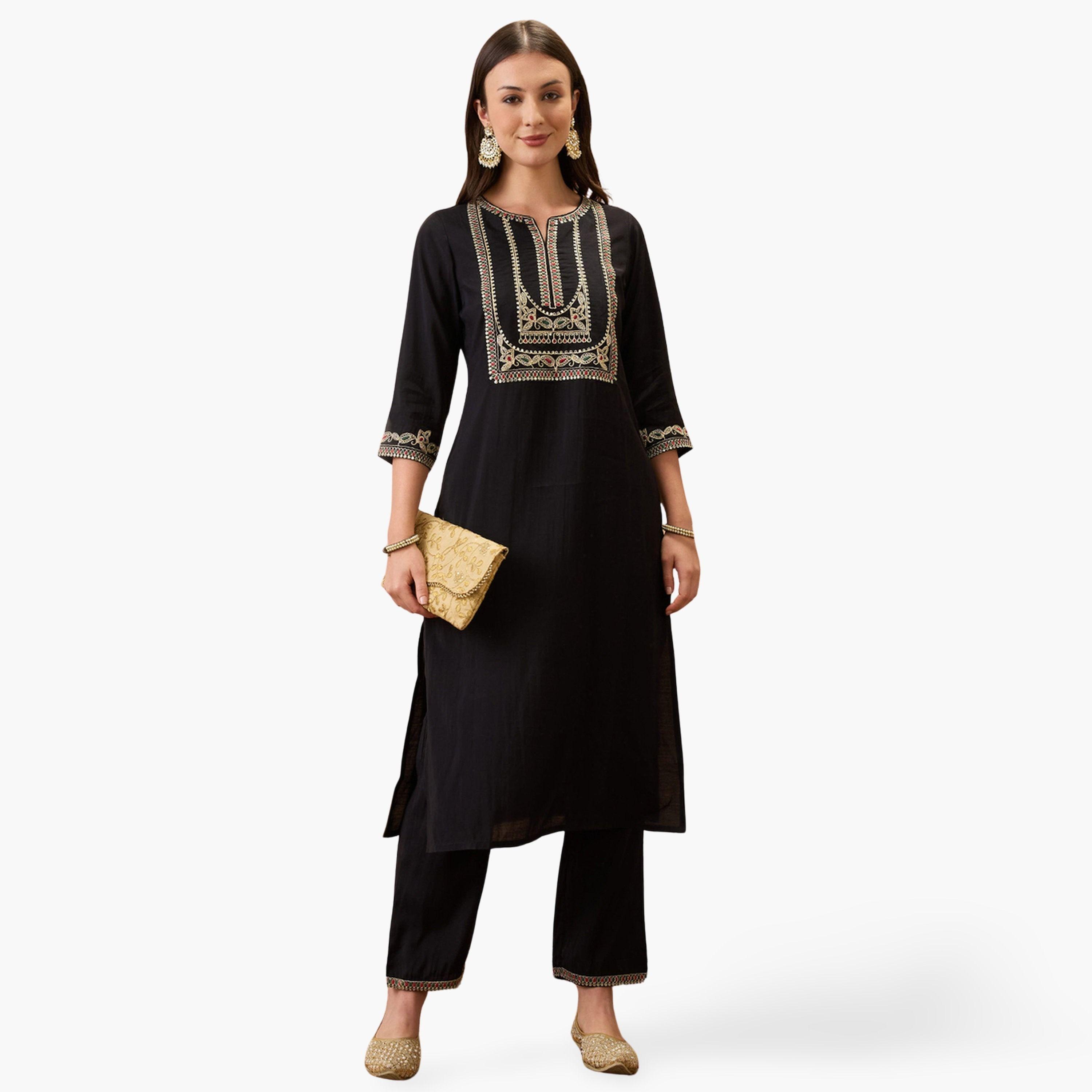 Globus X Styli Zari Embroidered Yoke Straight Kurta and Pants Festive Set-women-clothing-ethnicwear-kurtasets-image-1