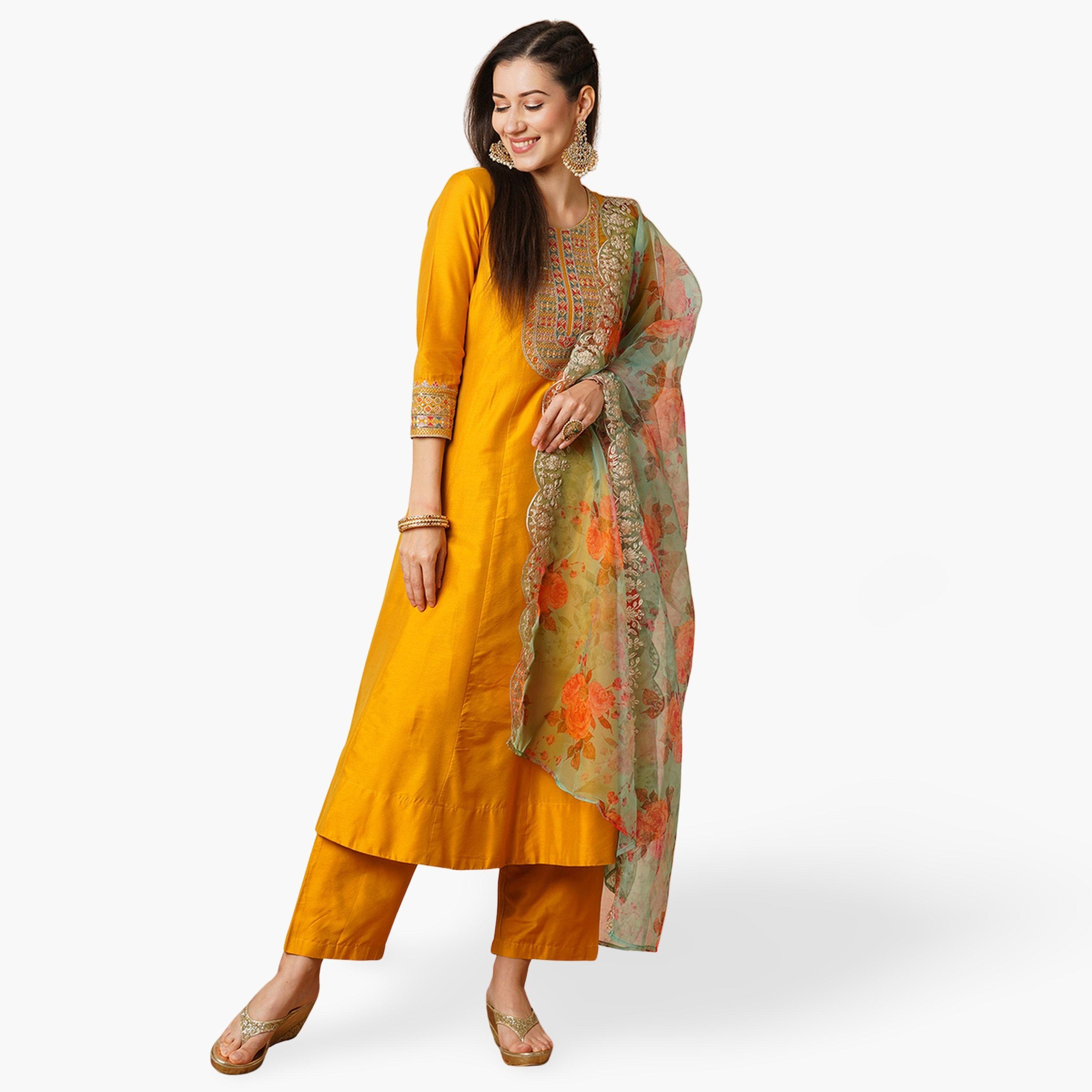 Globus X Styli Embroidered Yoke Paneled Anarkali Kurta, Pants and Organza Dupatta Festive Set-women-clothing-ethnicwear-kurtasets-image-1