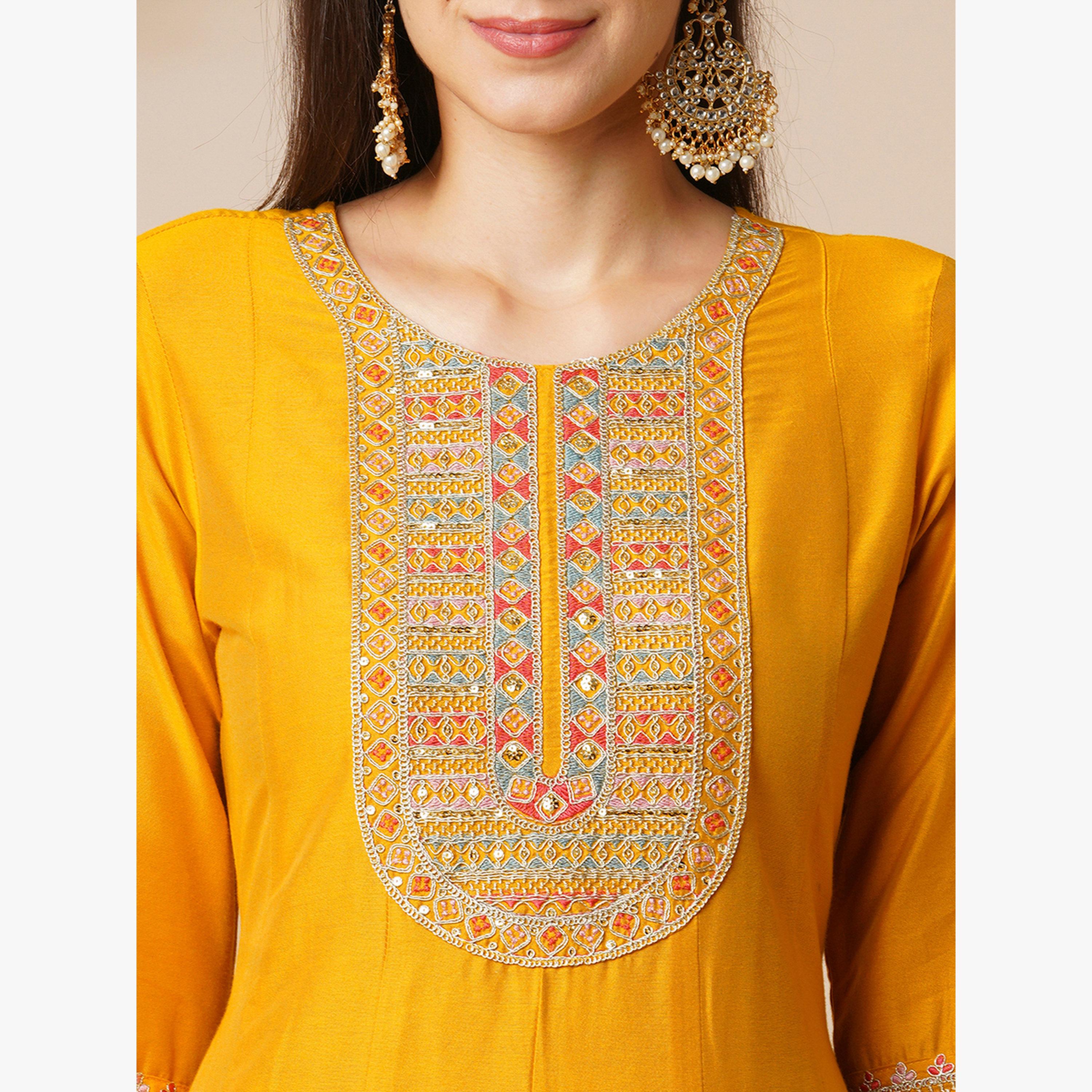 Globus X Styli Embroidered Yoke Paneled Anarkali Kurta, Pants and Organza Dupatta Festive Set-women-clothing-ethnicwear-kurtasets-image-4