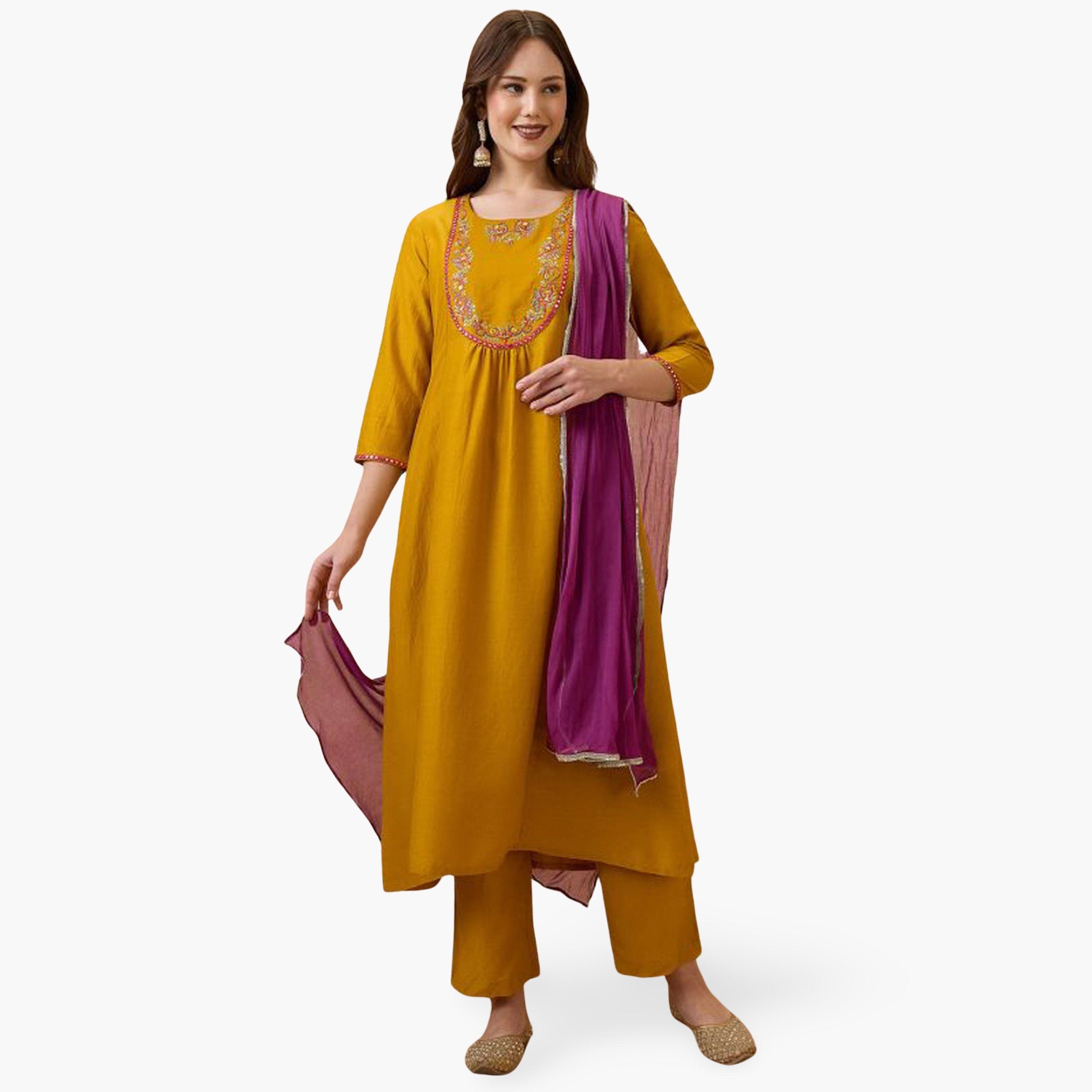 Globus X Styli Sequin Embroidered Yoke Kurta, Pants and Dupatta Festive Set-women-clothing-ethnicwear-kurtasets-image-1
