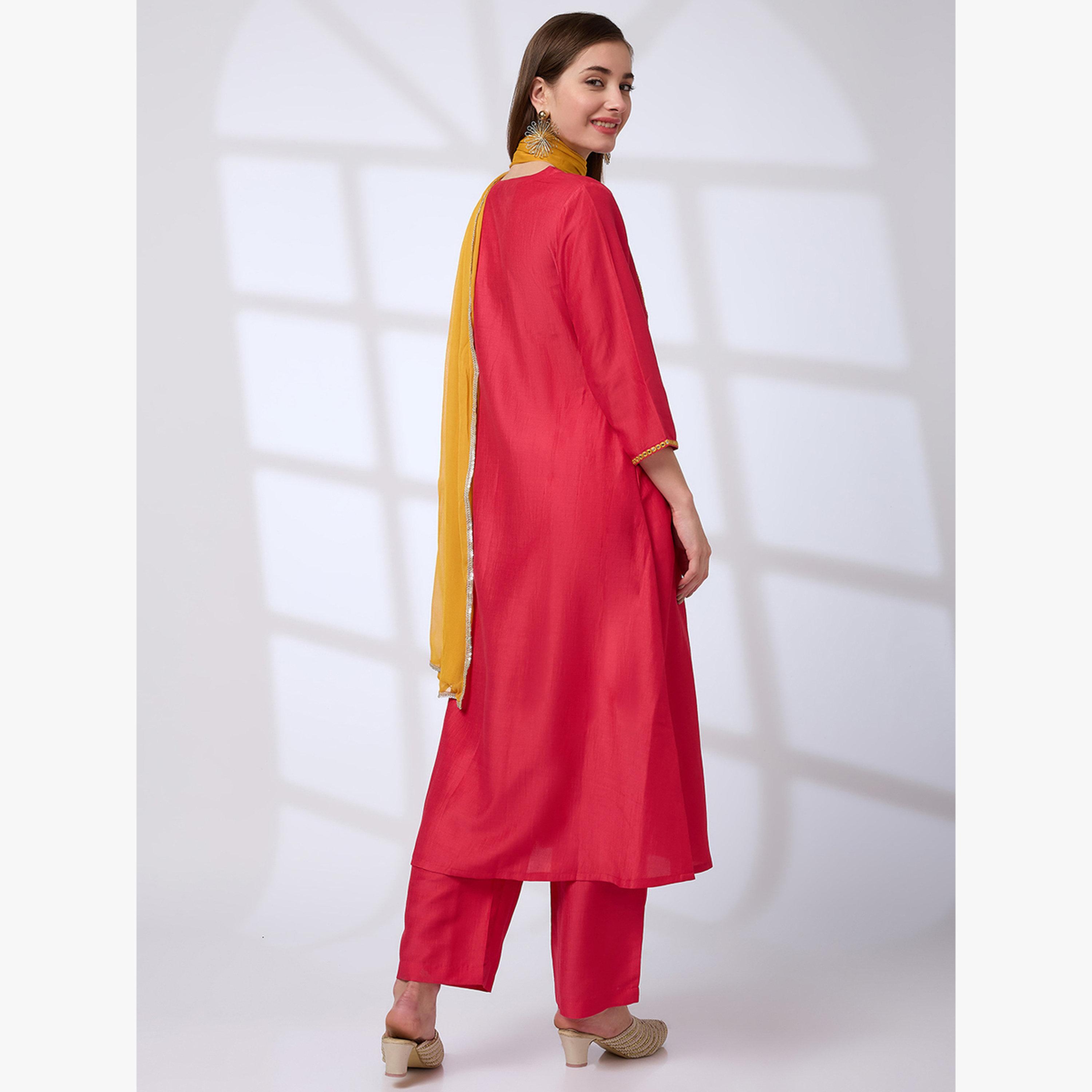 Globus X Styli Mirror Work Pleated A-Line Kurta, Pants and Sequined Taping Dupatta Festive Set-women-clothing-ethnicwear-kurtasets-image-3