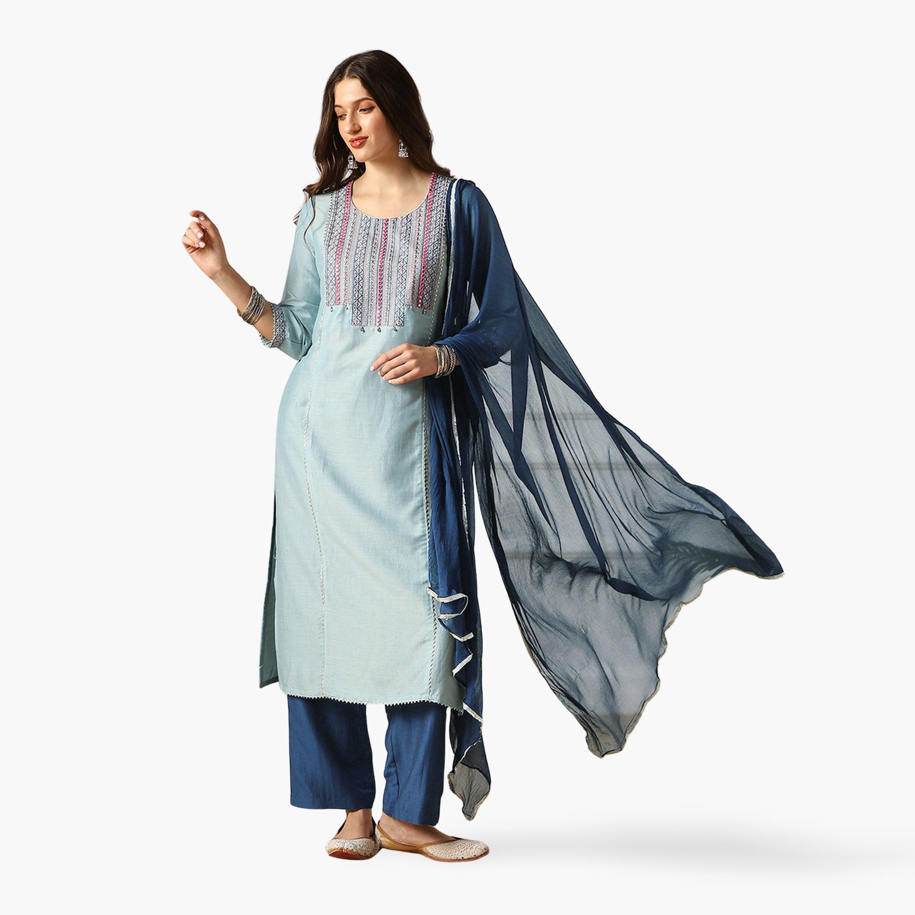 طقم كورتا مستقيمة احتفالية مطرزة عند الصدر مع بنطال وشيلة-women-clothing-ethnicwear-kurtasets-image-1