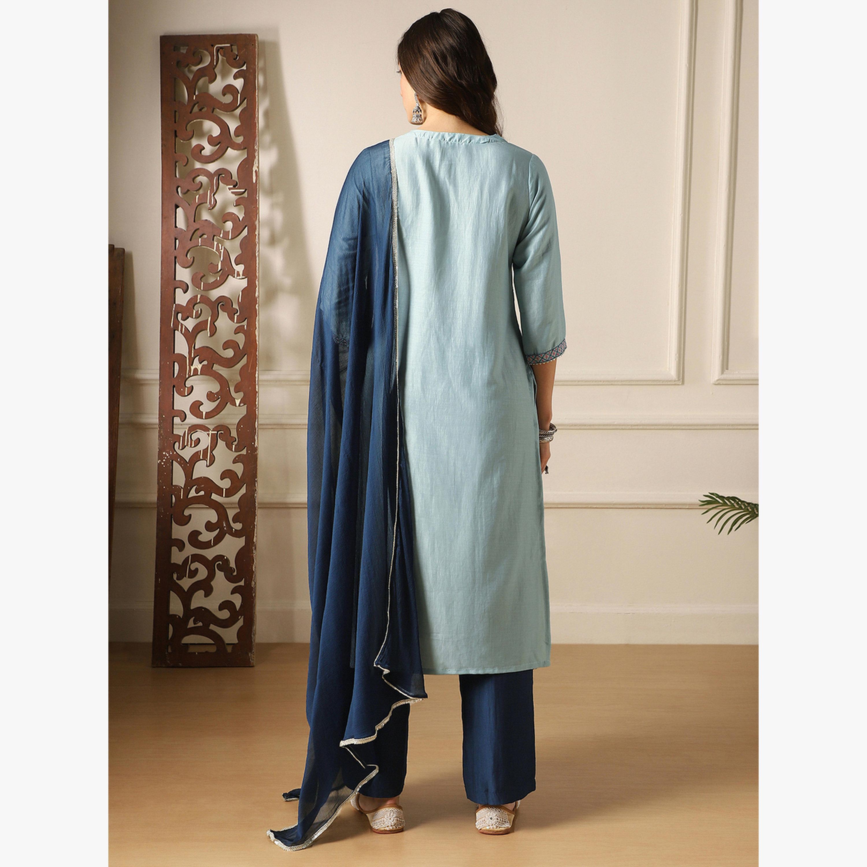 Globus X Styli Embroidered Yoke Straight Kurta, Pants and Dupatta Festive Set-women-clothing-ethnicwear-kurtasets-image-3