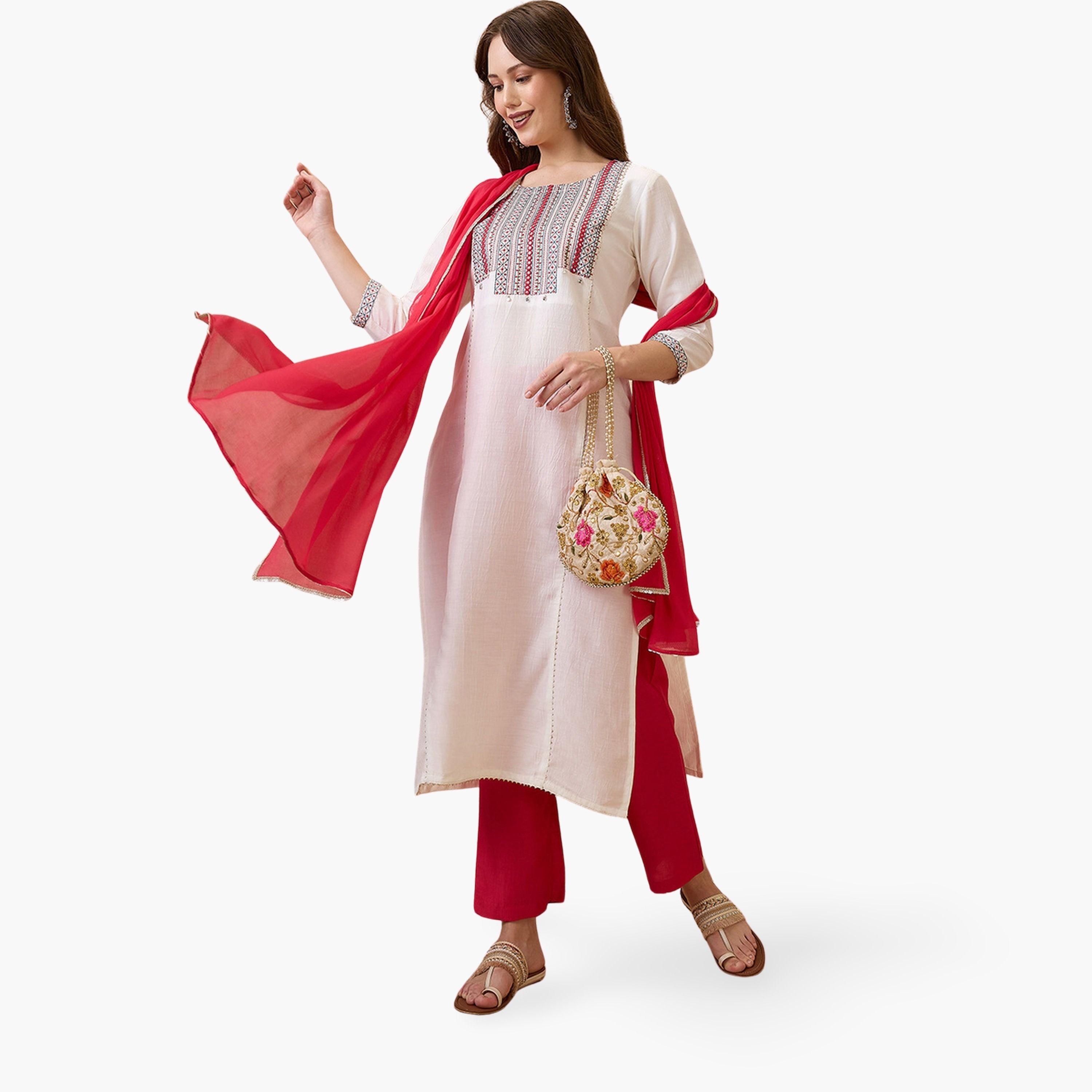 طقم كورتا مستقيمة مطرزة عند الصدر مع بنطال وشيلة بطابع عرقي-women-clothing-ethnicwear-kurtasets-image-1
