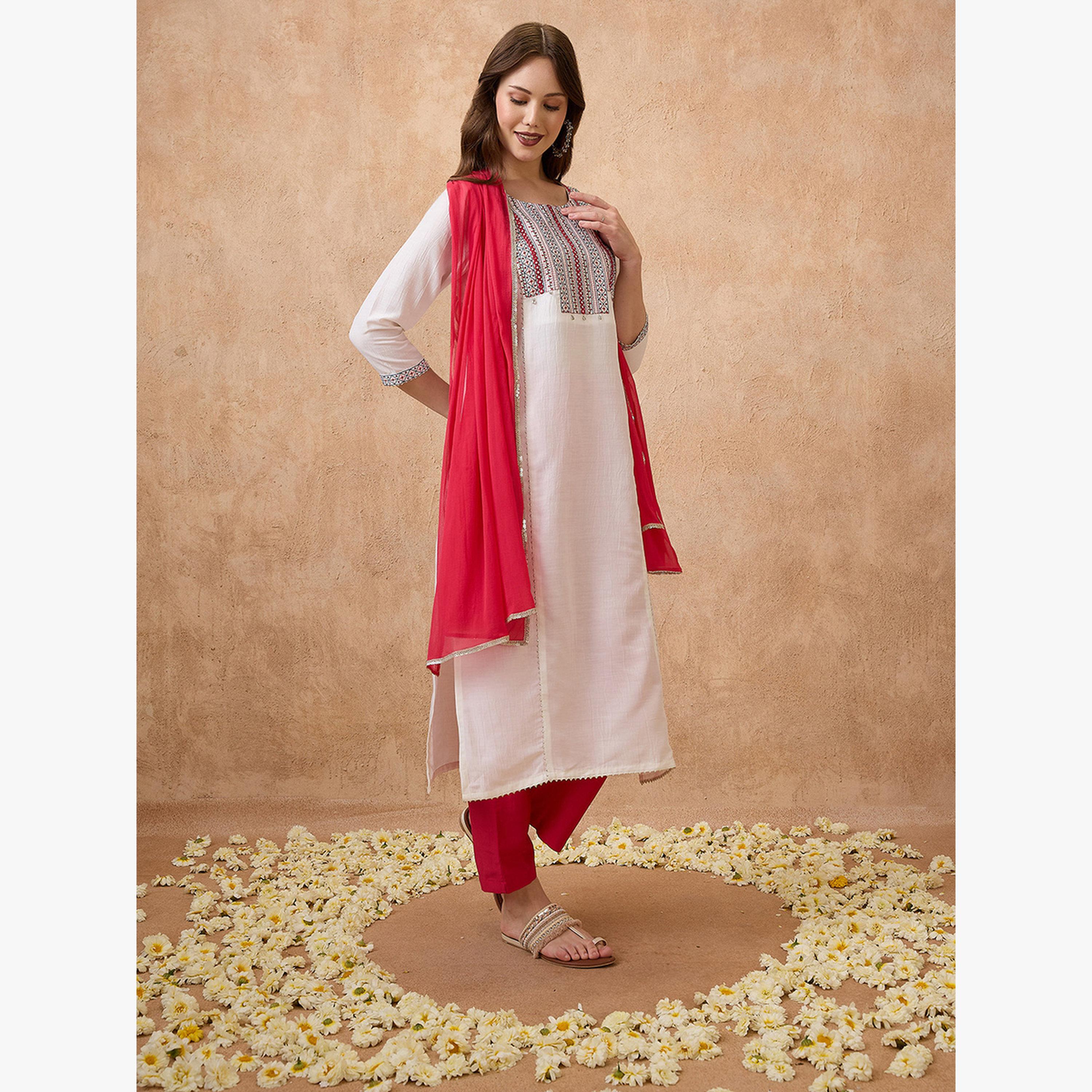 Globus X Styli Embroidered Yoke Straight Kurta, Pants and Dupatta Ethnic Set-women-clothing-ethnicwear-kurtasets-image-2