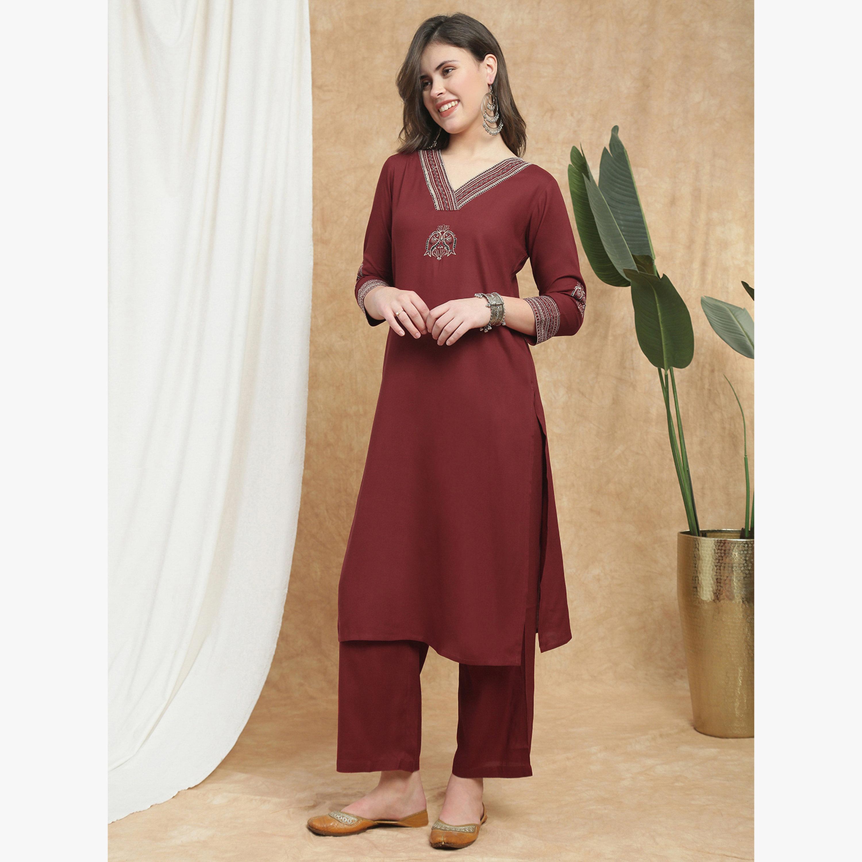 Globus X Styli Maroon V-Neck Embroidered Detail Straight Kurta and Pant Set-women-clothing-ethnicwear-kurtasets-image-2