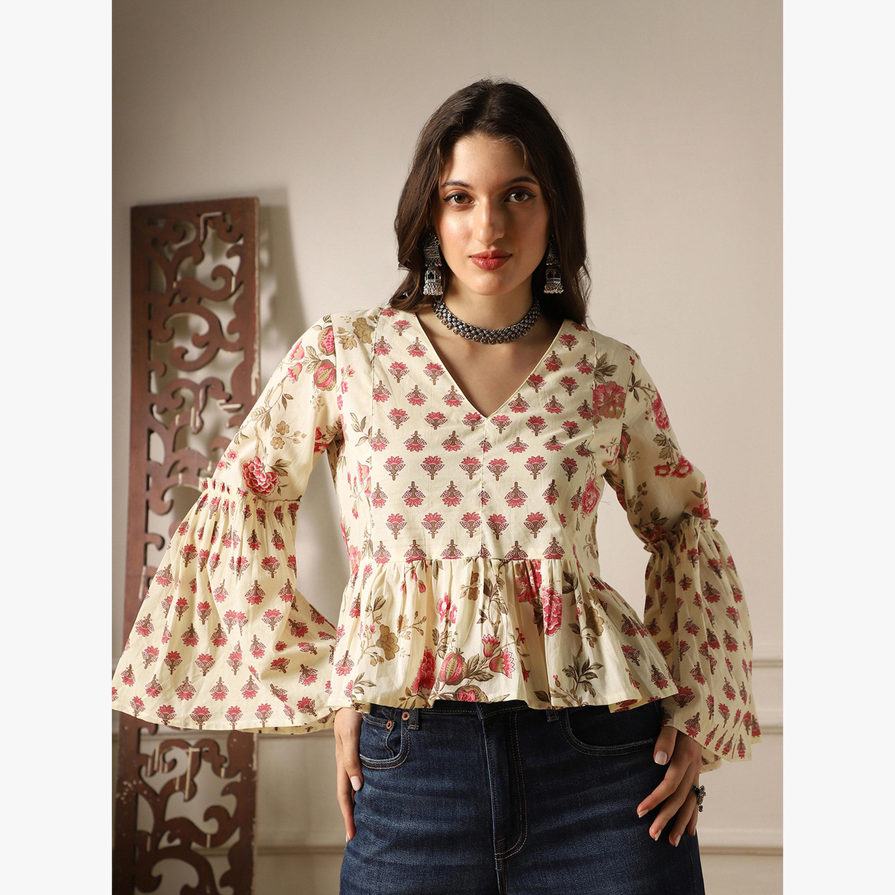 Globus X Styli Bell Sleeves Floral Print Paneled Peplum Tunic-women-clothing-shirtsandblouses-blouses-image-2