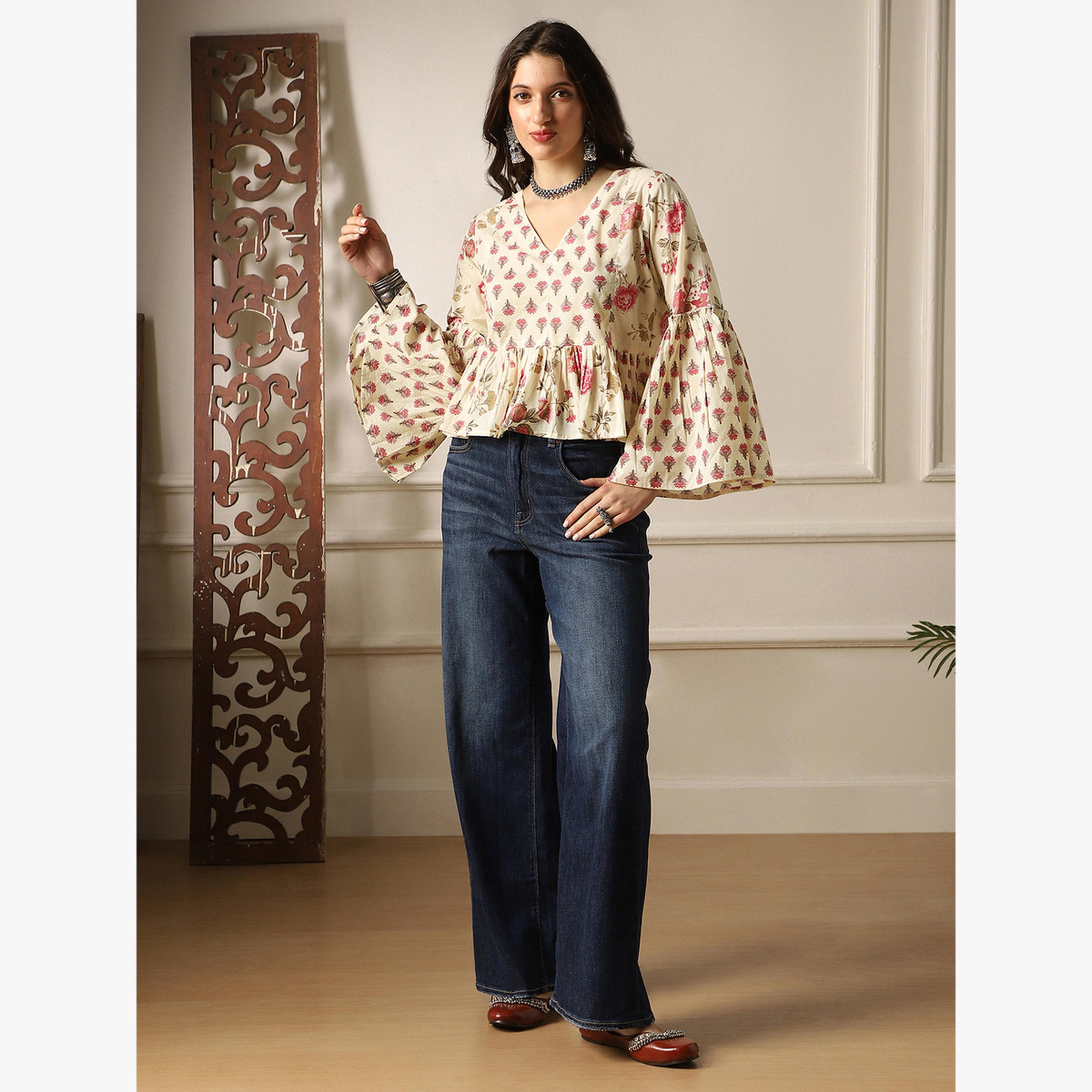 Globus X Styli Bell Sleeves Floral Print Paneled Peplum Tunic-women-clothing-shirtsandblouses-blouses-image-5