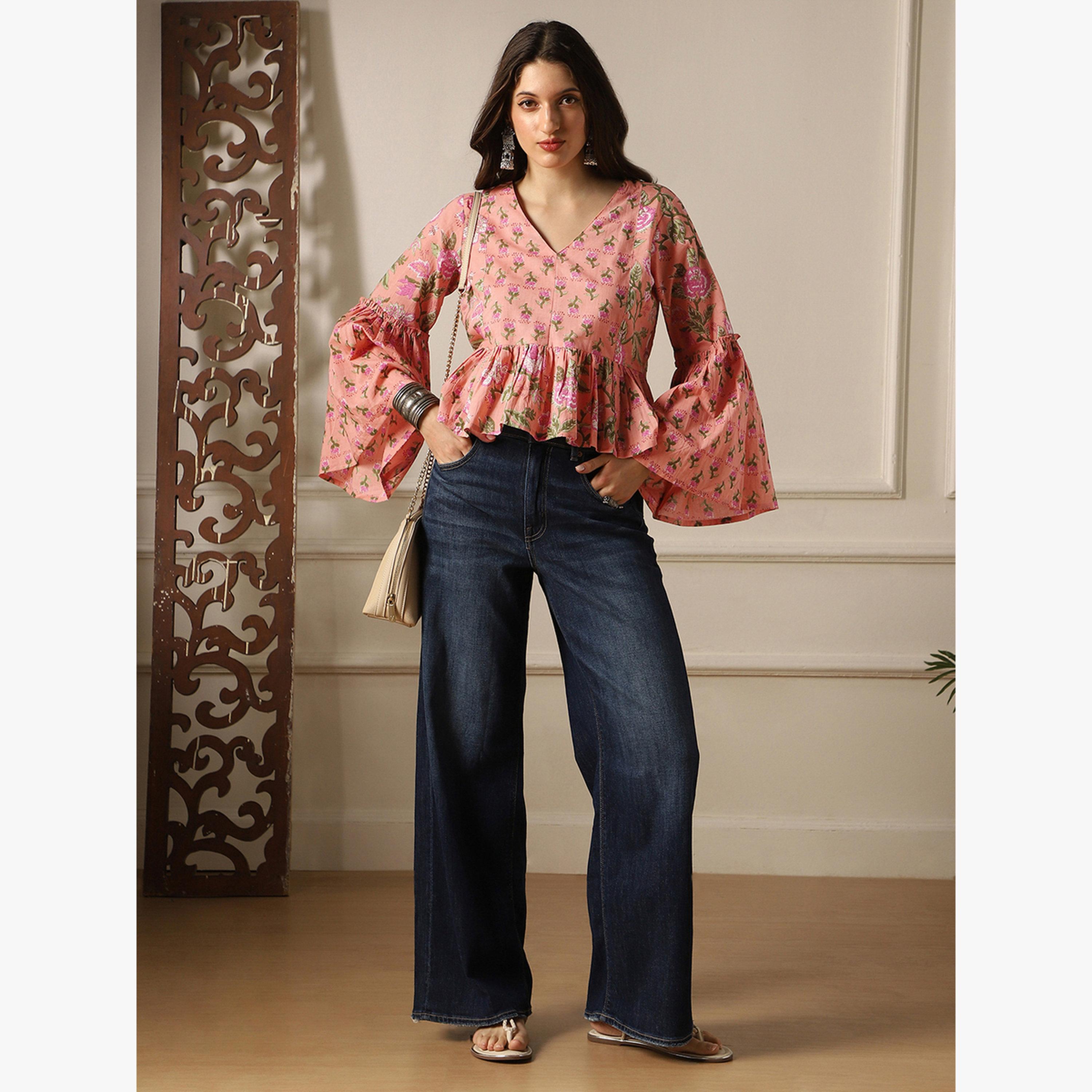 Globus X Styli Bell Sleeves Floral Print Paneled Peplum Tunic-women-clothing-shirtsandblouses-blouses-image-5