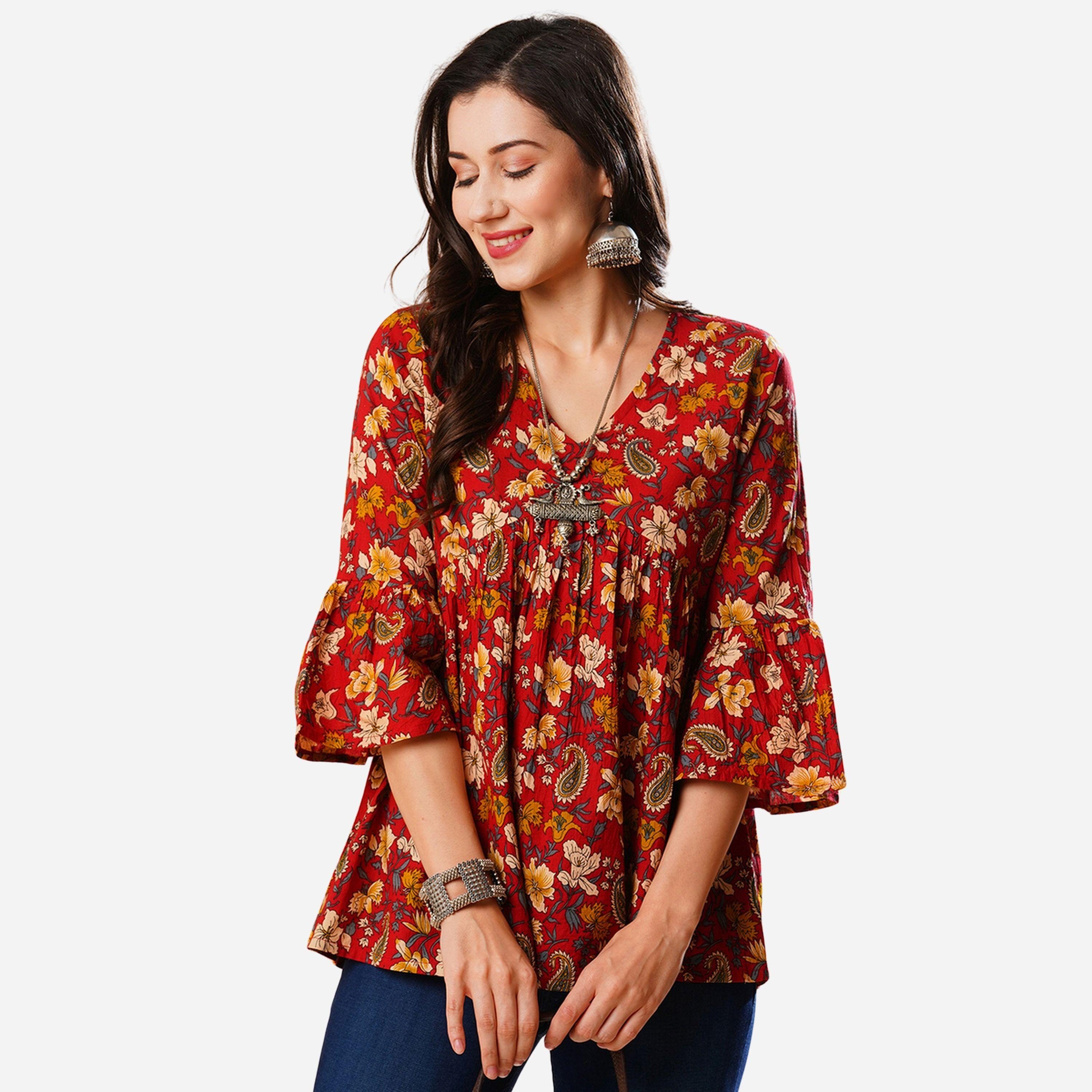 غلوبوص × ستايلي - تونيك ياقة شكل سبعة وأكمام واسعة وقصة عليا واسعة-women-clothing-shirtsandblouses-blouses-image-1