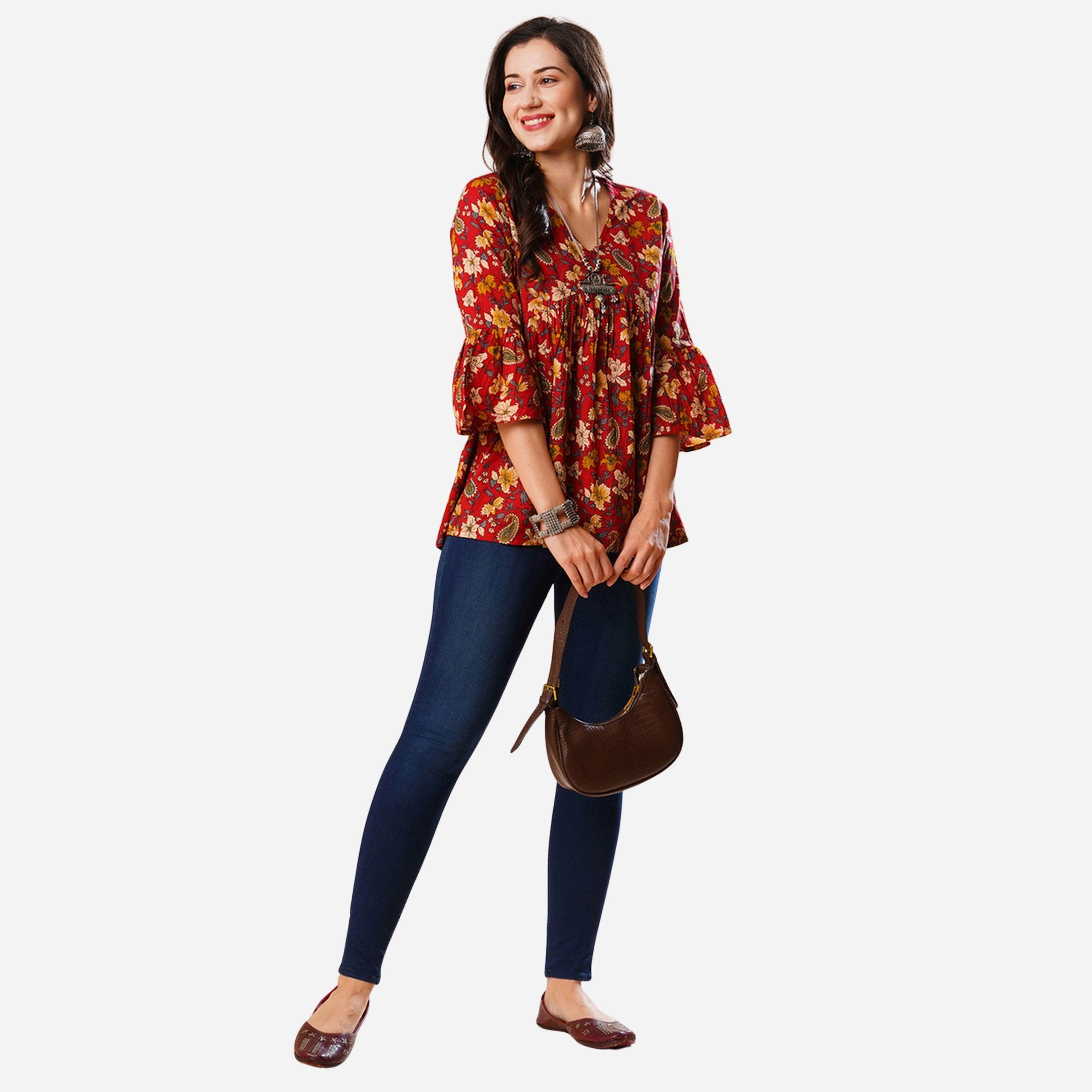 غلوبوص × ستايلي - تونيك ياقة شكل سبعة وأكمام واسعة وقصة عليا واسعة-women-clothing-shirtsandblouses-blouses-image-2