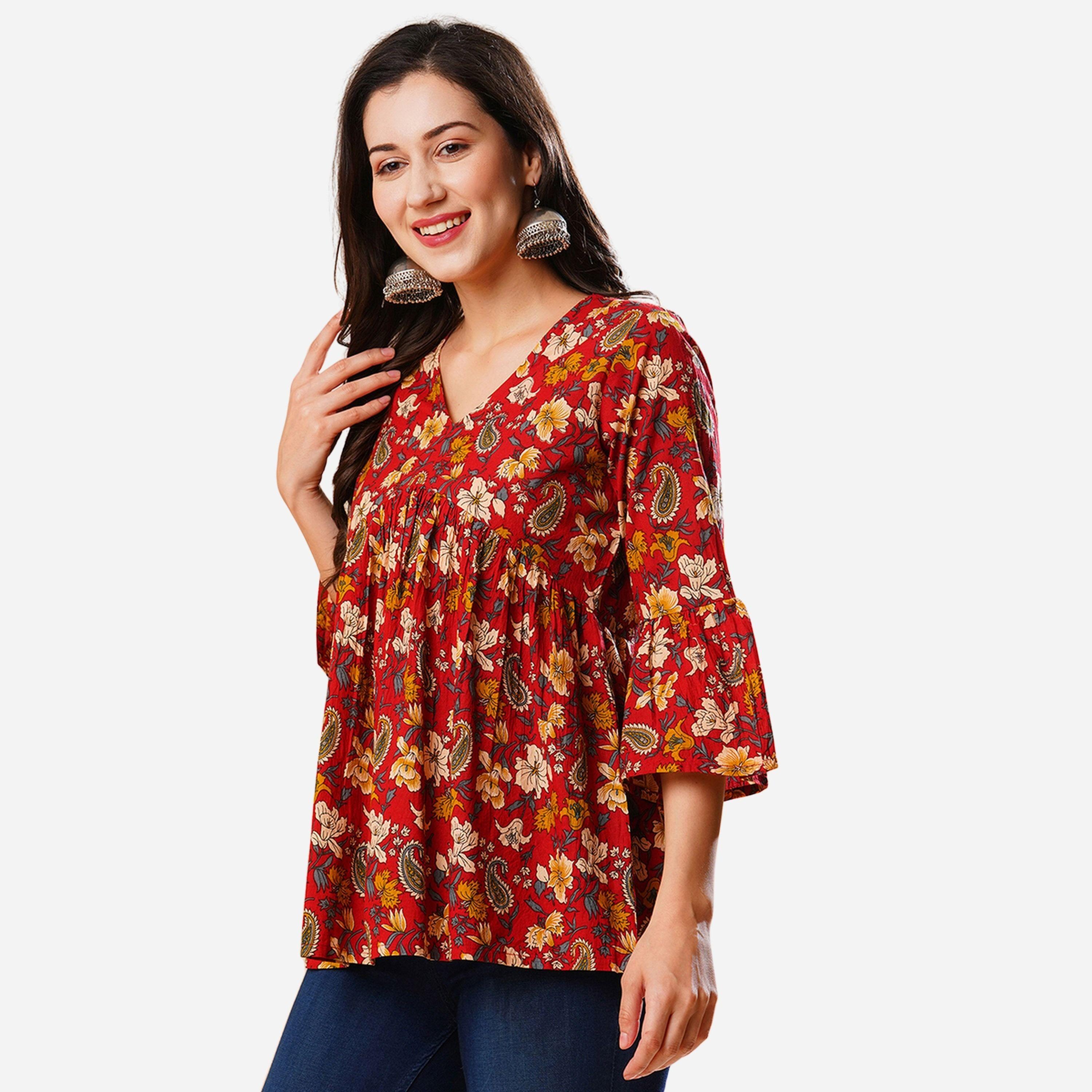 غلوبوص × ستايلي - تونيك ياقة شكل سبعة وأكمام واسعة وقصة عليا واسعة-women-clothing-shirtsandblouses-blouses-image-4