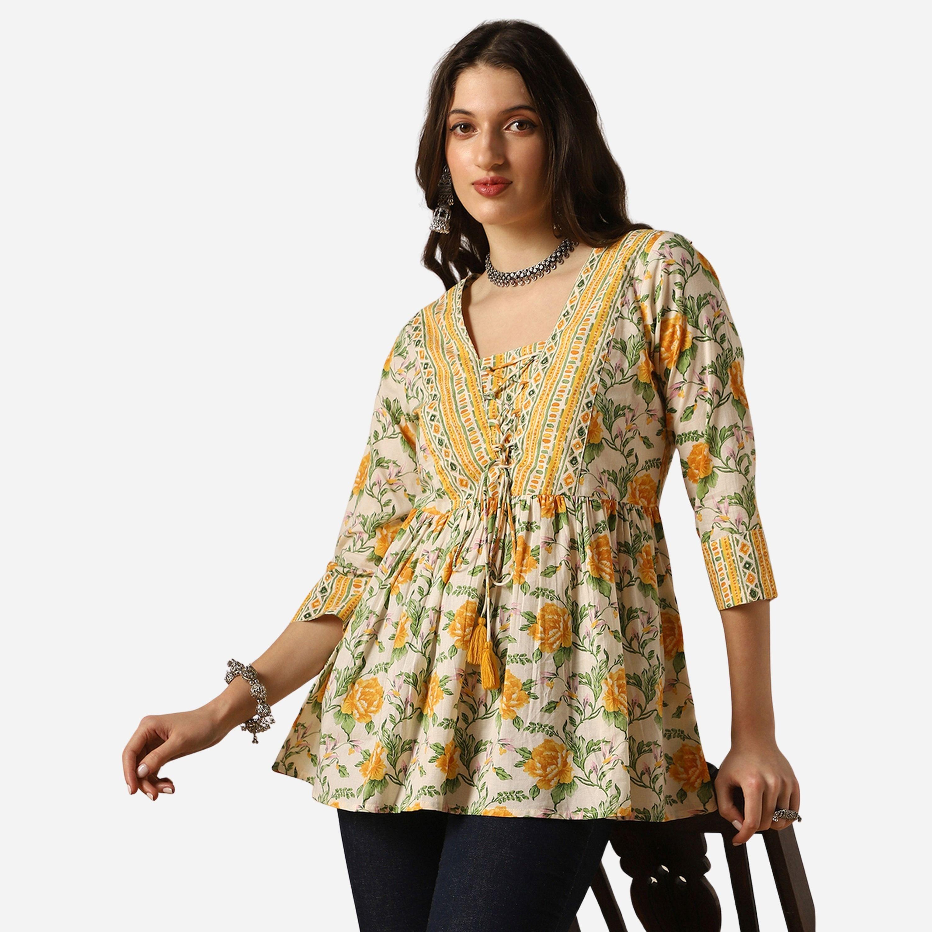 غلوبوص × ستايلي - تونيك مكشكش طبعة زهور ورقبة شكل سبعة مع أربطة وشرابات-women-clothing-shirtsandblouses-blouses-image-1