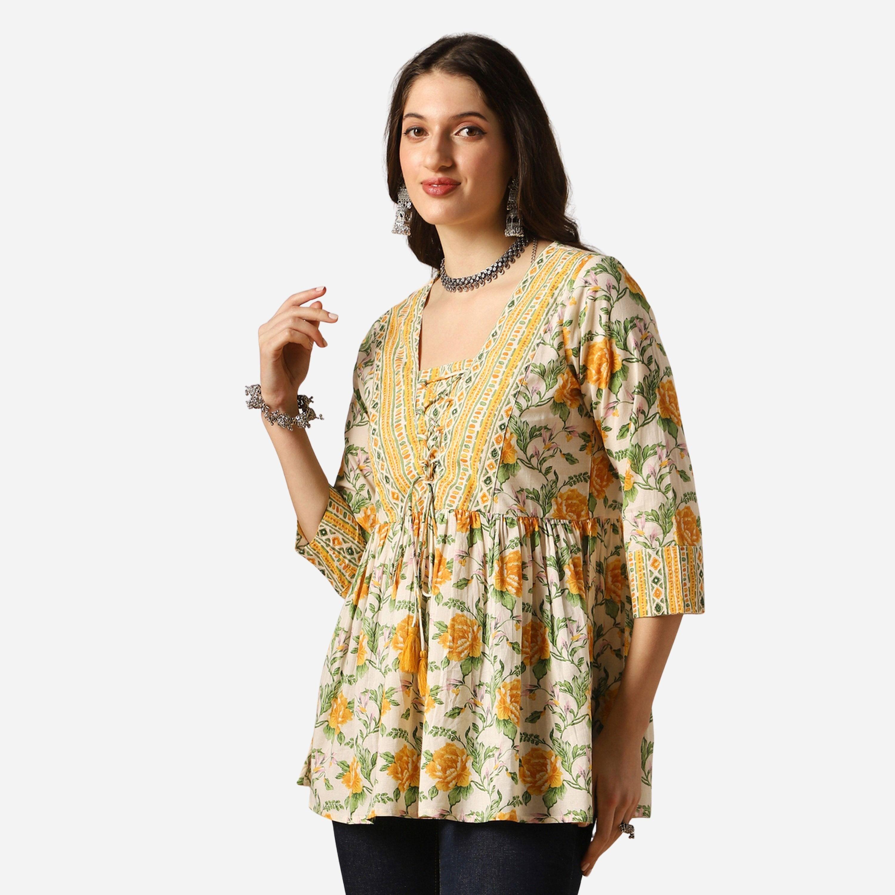 غلوبوص × ستايلي - تونيك مكشكش طبعة زهور ورقبة شكل سبعة مع أربطة وشرابات-women-clothing-shirtsandblouses-blouses-image-4
