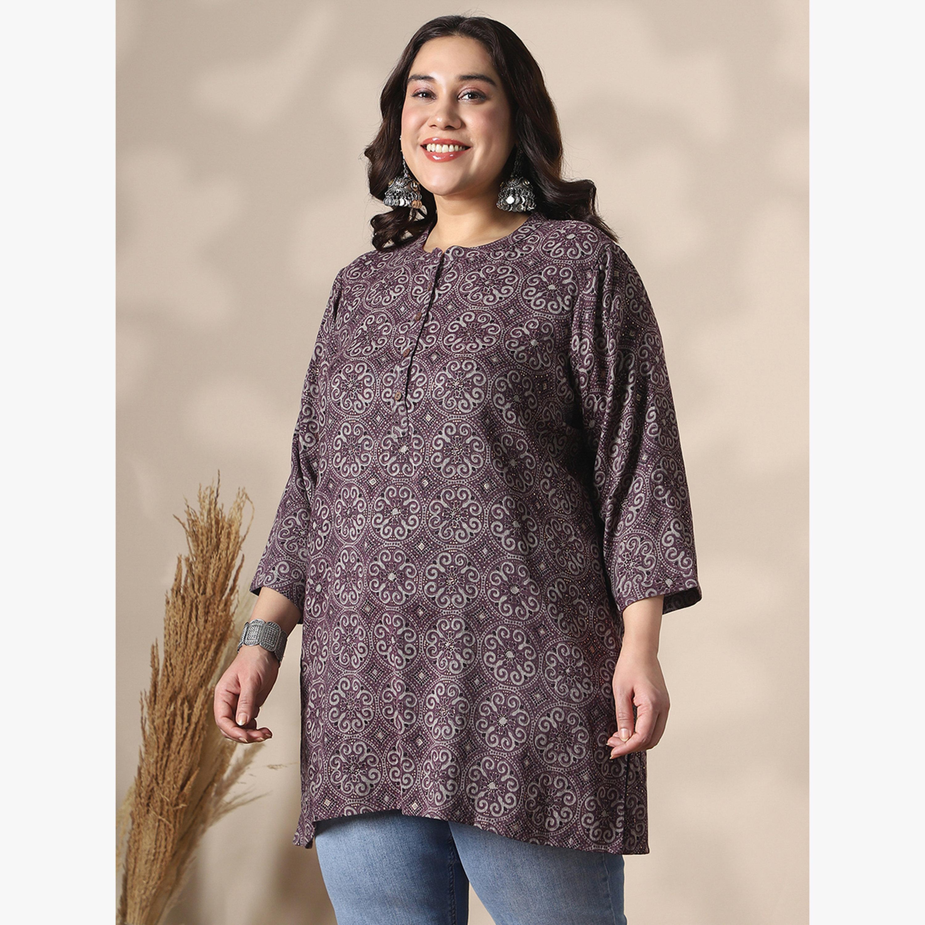 Globus X Styli Plus Size Brown Ethnic Print Tunic Top-women-clothing-ethnicwear-kurtas-image-2