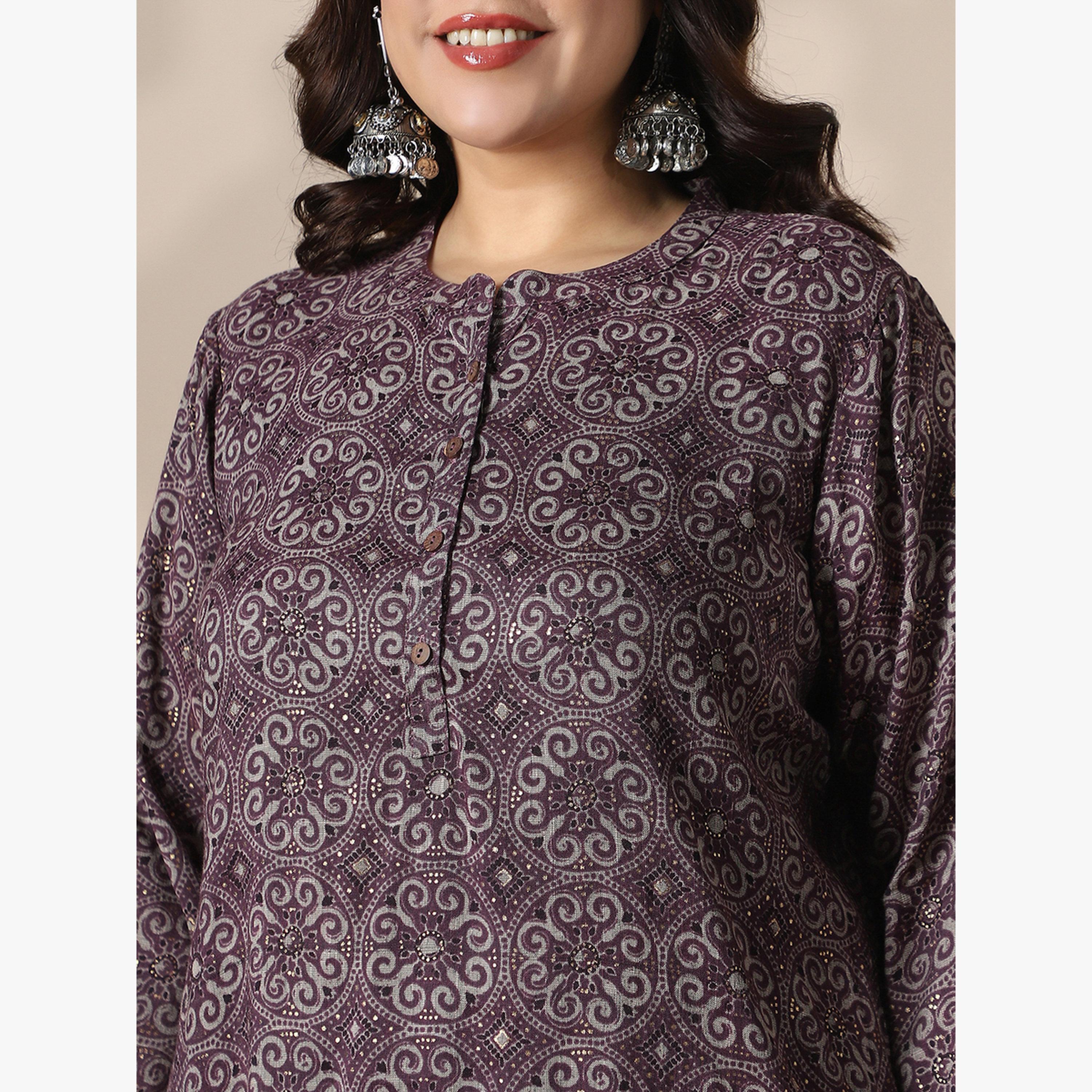 Globus X Styli Plus Size Brown Ethnic Print Tunic Top-women-clothing-ethnicwear-kurtas-image-4