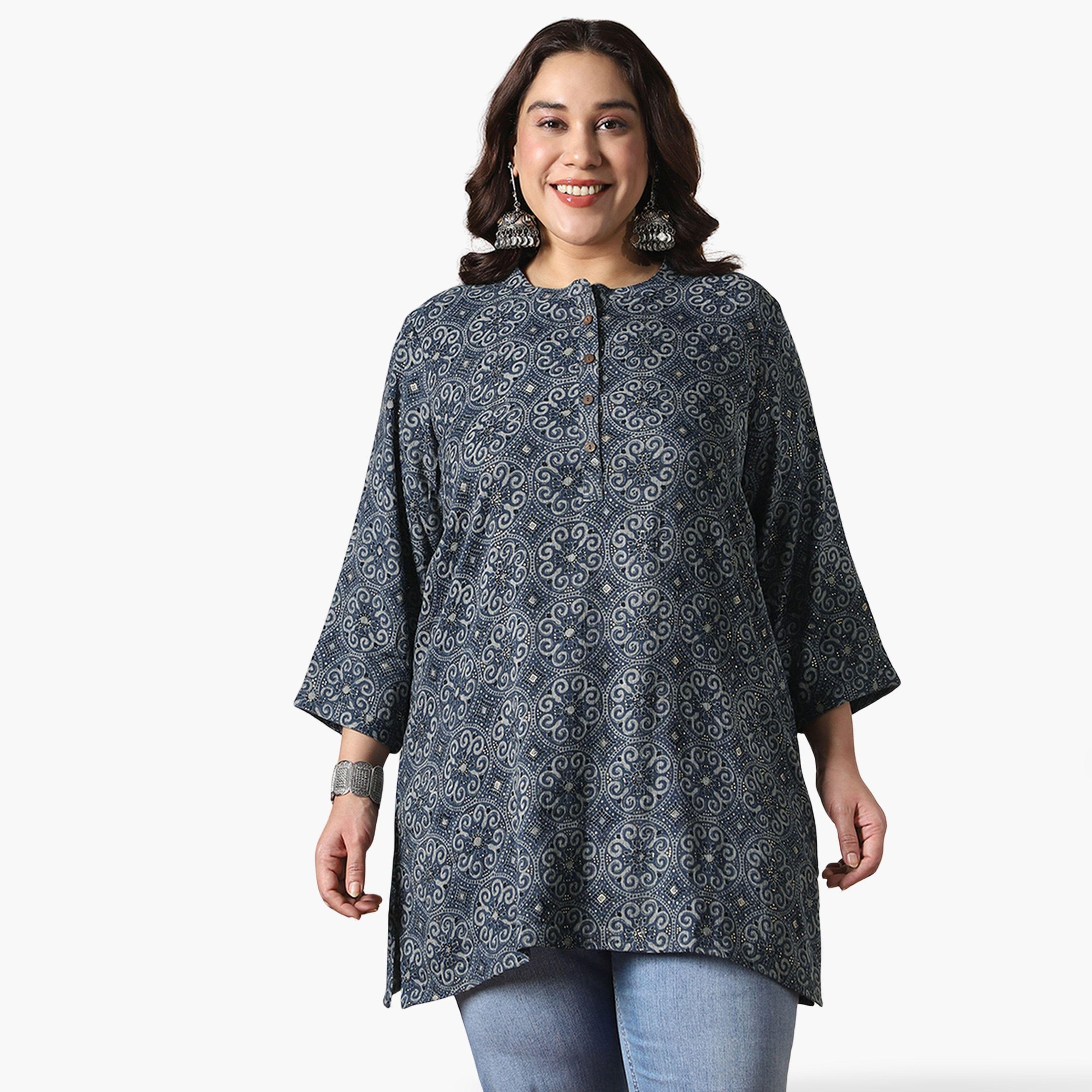 بلوزة تونيك مطبعة بمقاس كبير وأكمام بطول 3/4-women-clothing-ethnicwear-kurtas-image-1
