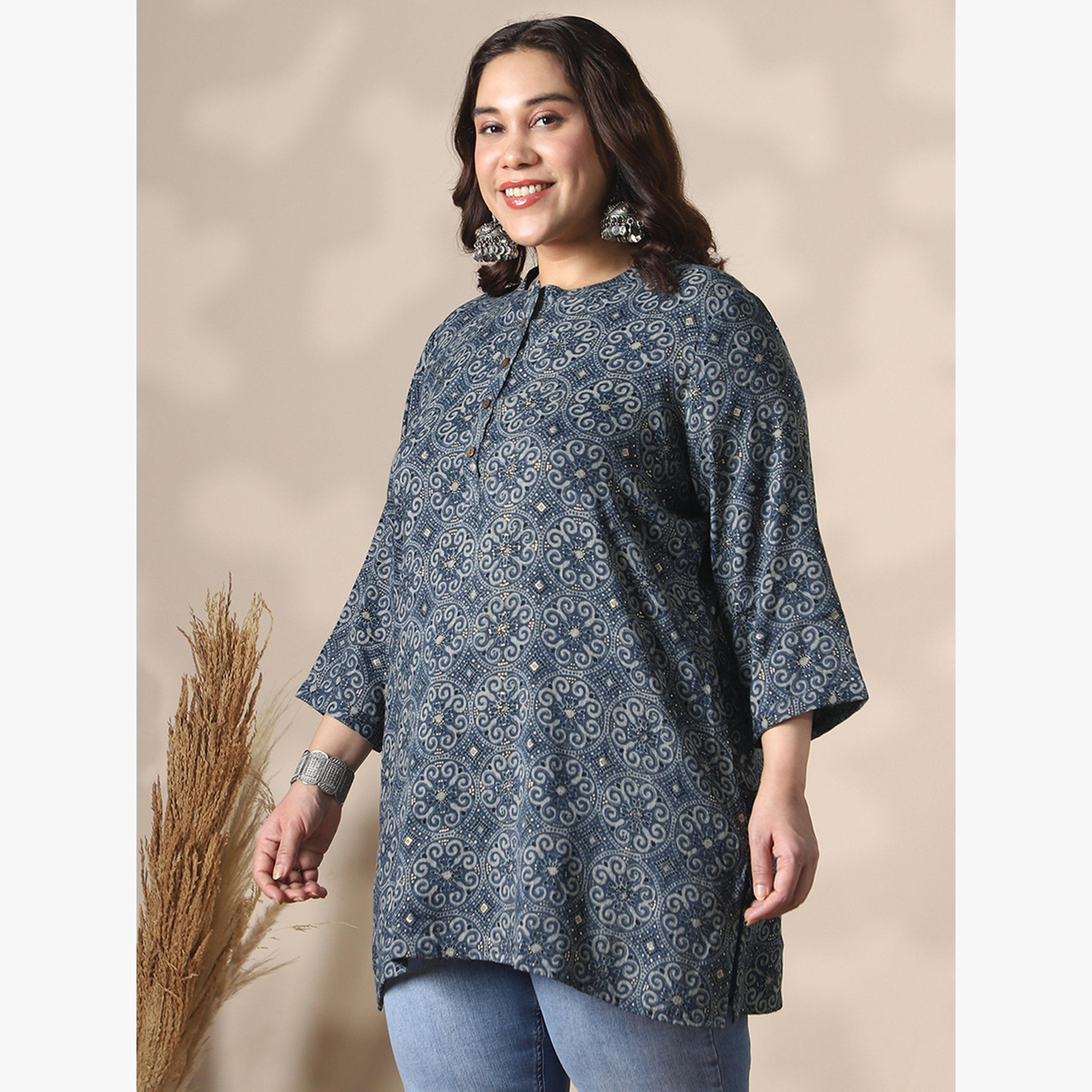 بلوزة تونيك مطبعة بمقاس كبير وأكمام بطول 3/4-women-clothing-ethnicwear-kurtas-image-2