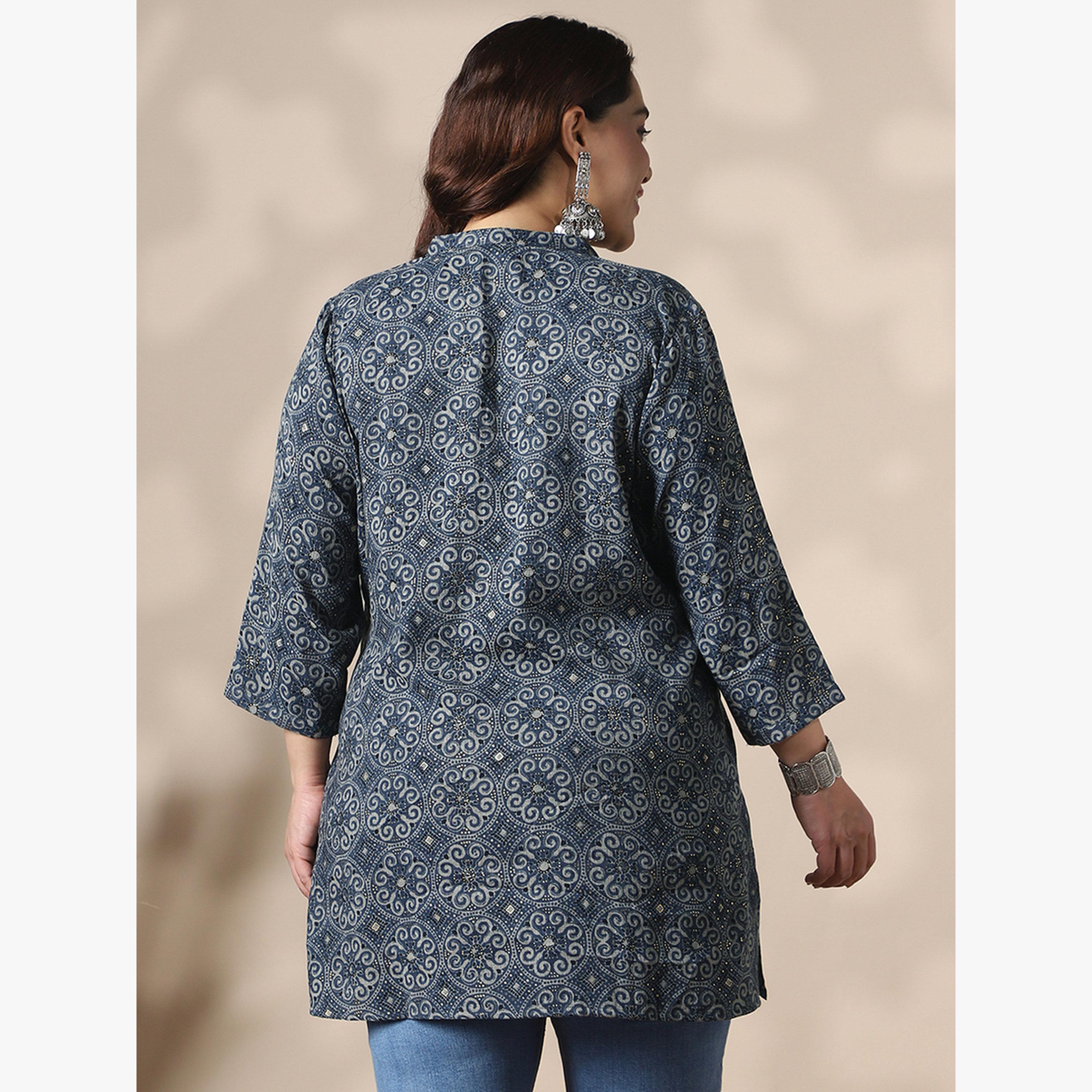 Globus X Styli Plus Size Blue Printed Tunic Top with 3/4 Sleeves-women-clothing-ethnicwear-kurtas-image-3