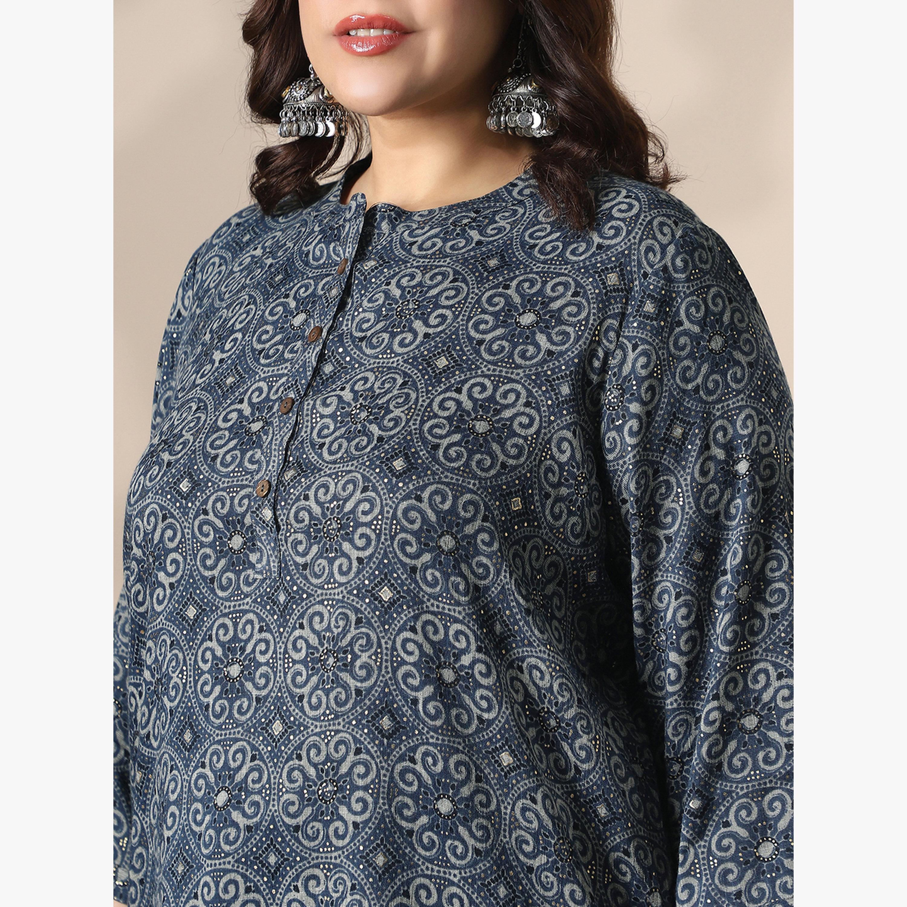 Globus X Styli Plus Size Blue Printed Tunic Top with 3/4 Sleeves-women-clothing-ethnicwear-kurtas-image-4
