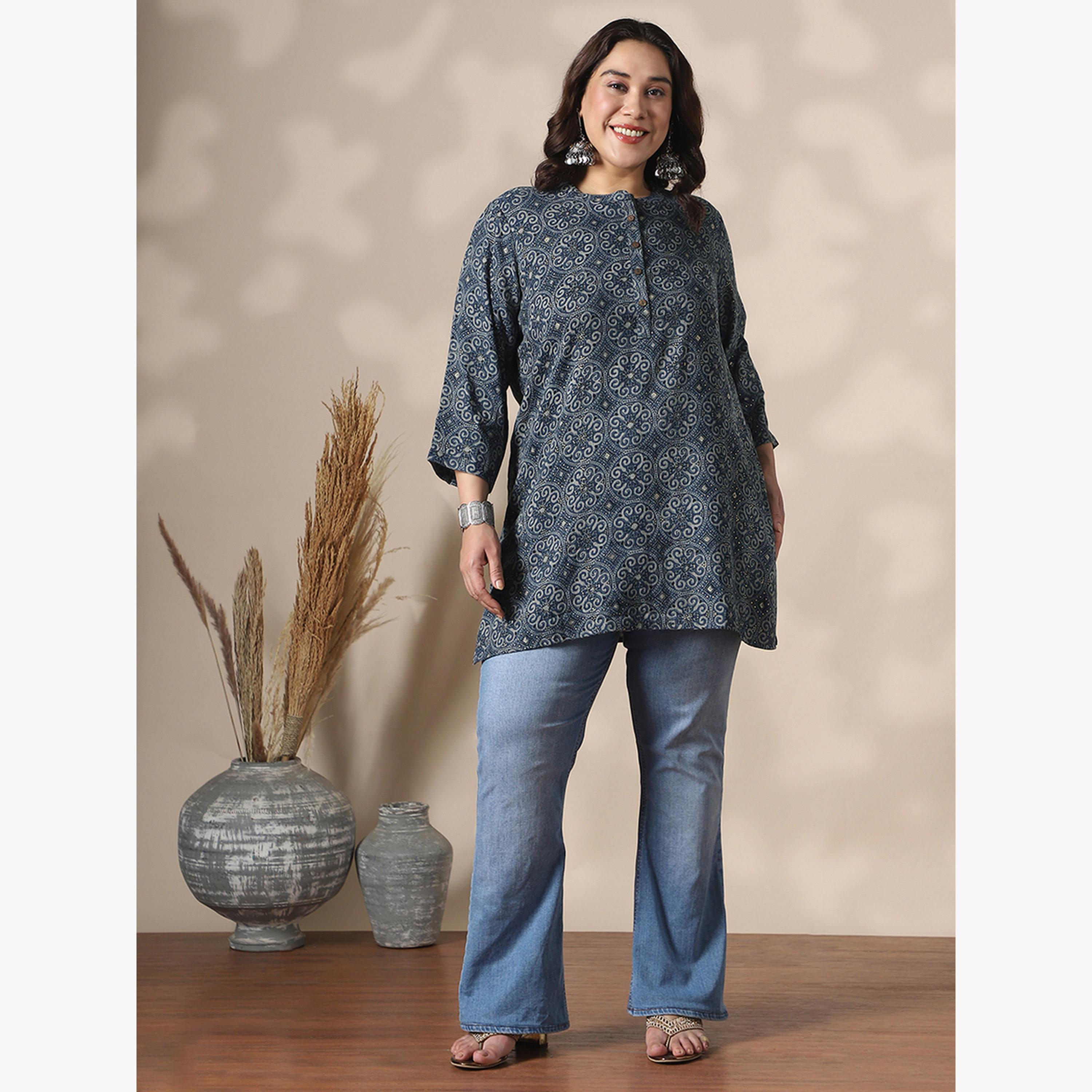 Globus X Styli Plus Size Blue Printed Tunic Top with 3/4 Sleeves-women-clothing-ethnicwear-kurtas-image-5