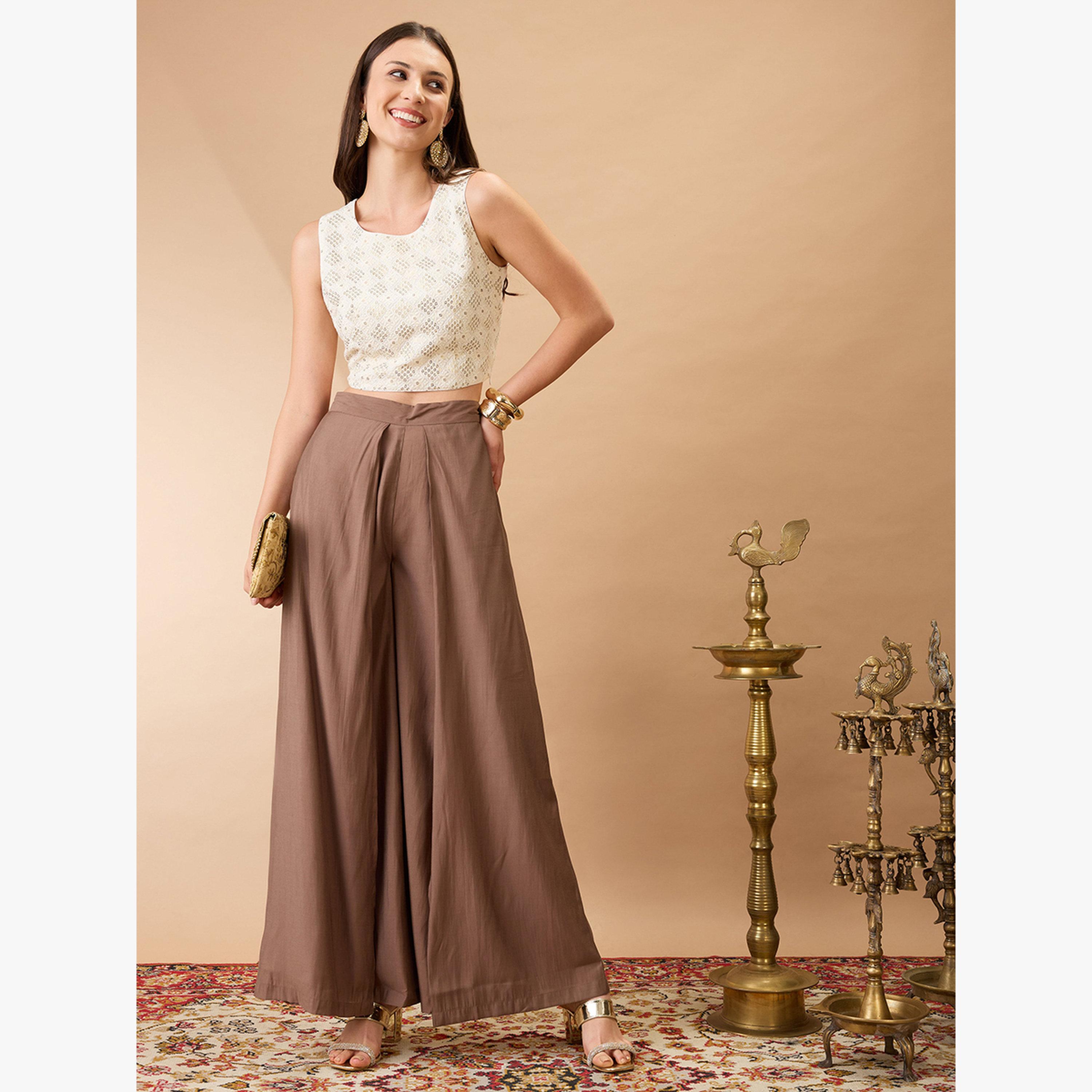 Globus X Styli Brown Wide Leg Fusion Trousers-women-clothing-bottoms-trousers-image-2