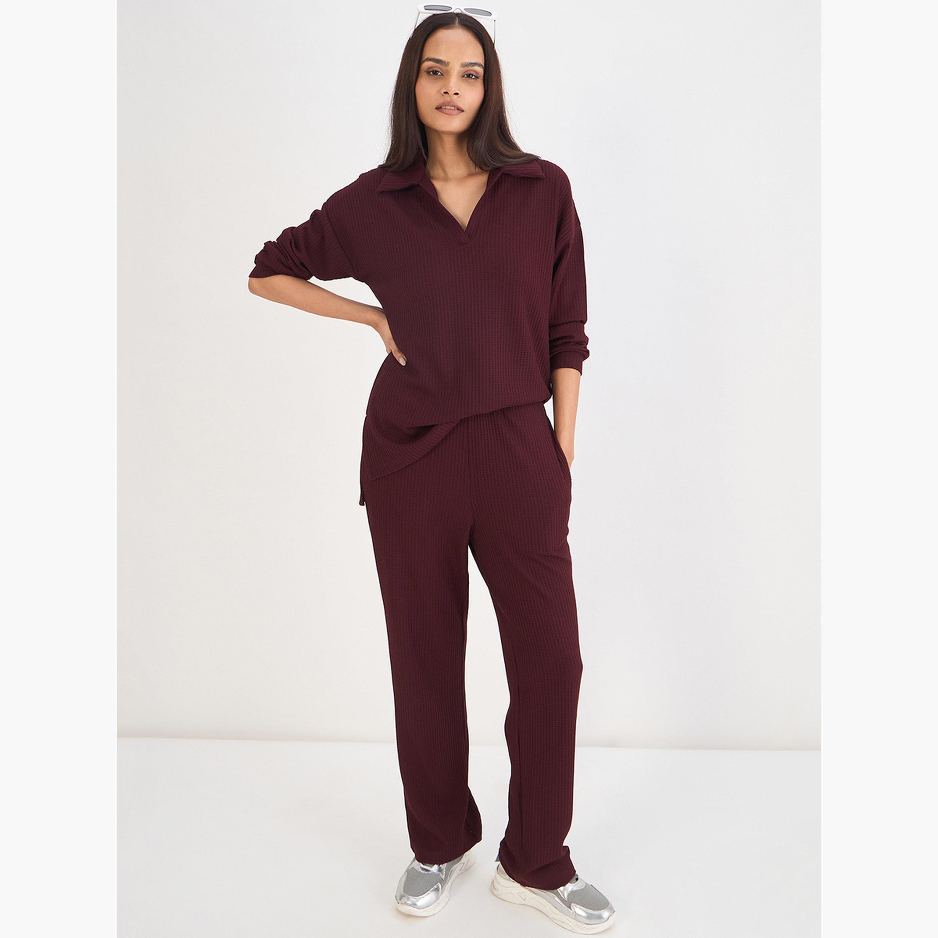 Femmella Women Wine Waffle Knit Trousers-women-clothing-bottoms-joggers-image-2