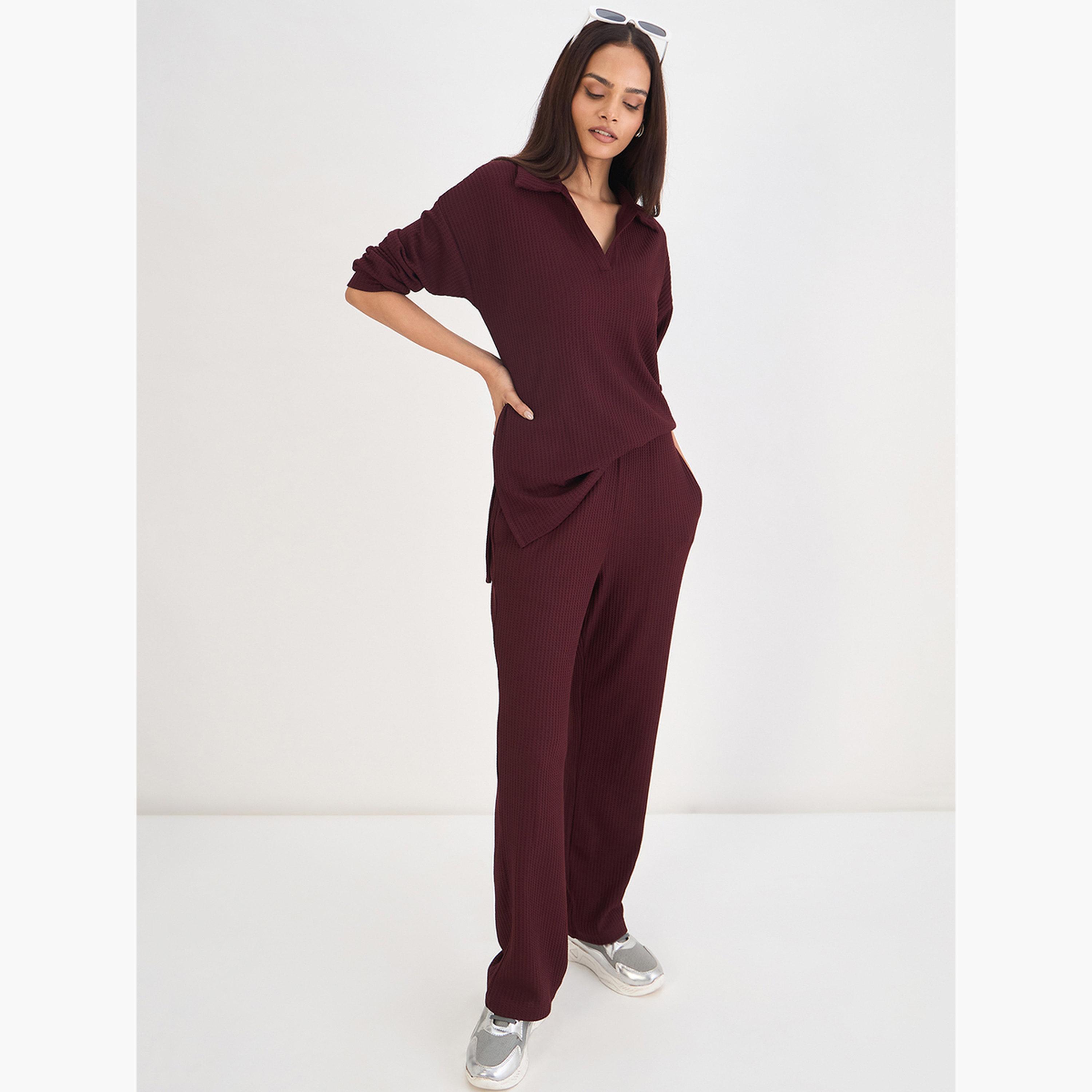 Femmella Women Wine Waffle Knit Trousers-women-clothing-bottoms-joggers-image-4