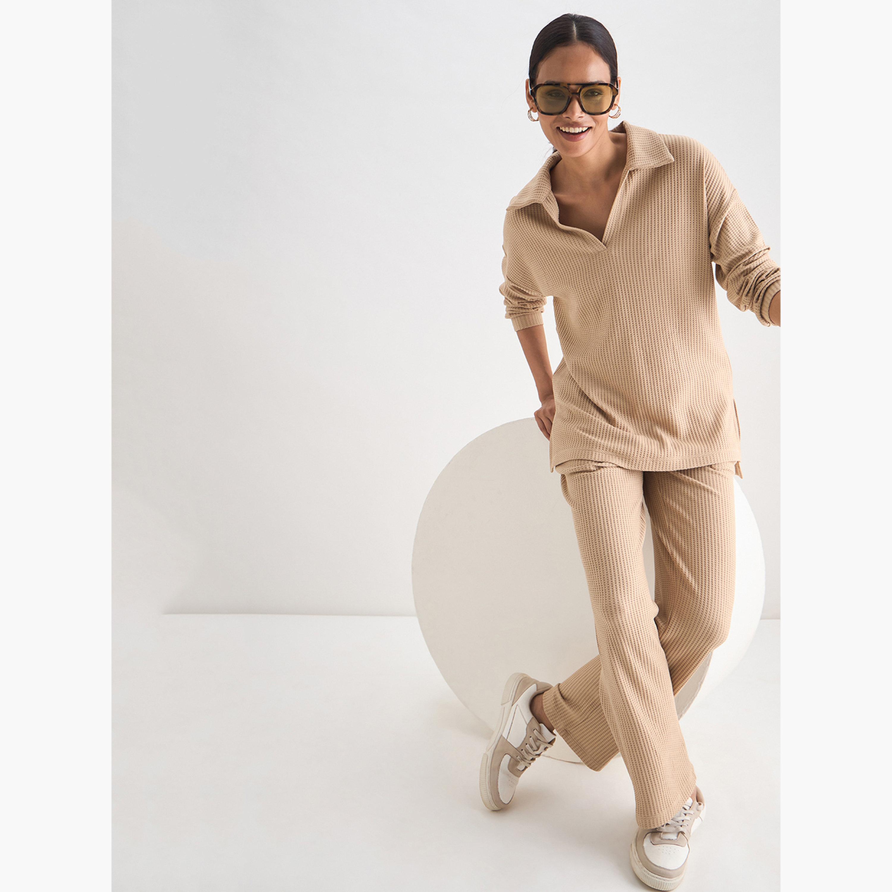 Femmella Women Beige Waffle Knit Trousers-women-clothing-bottoms-joggers-image-4