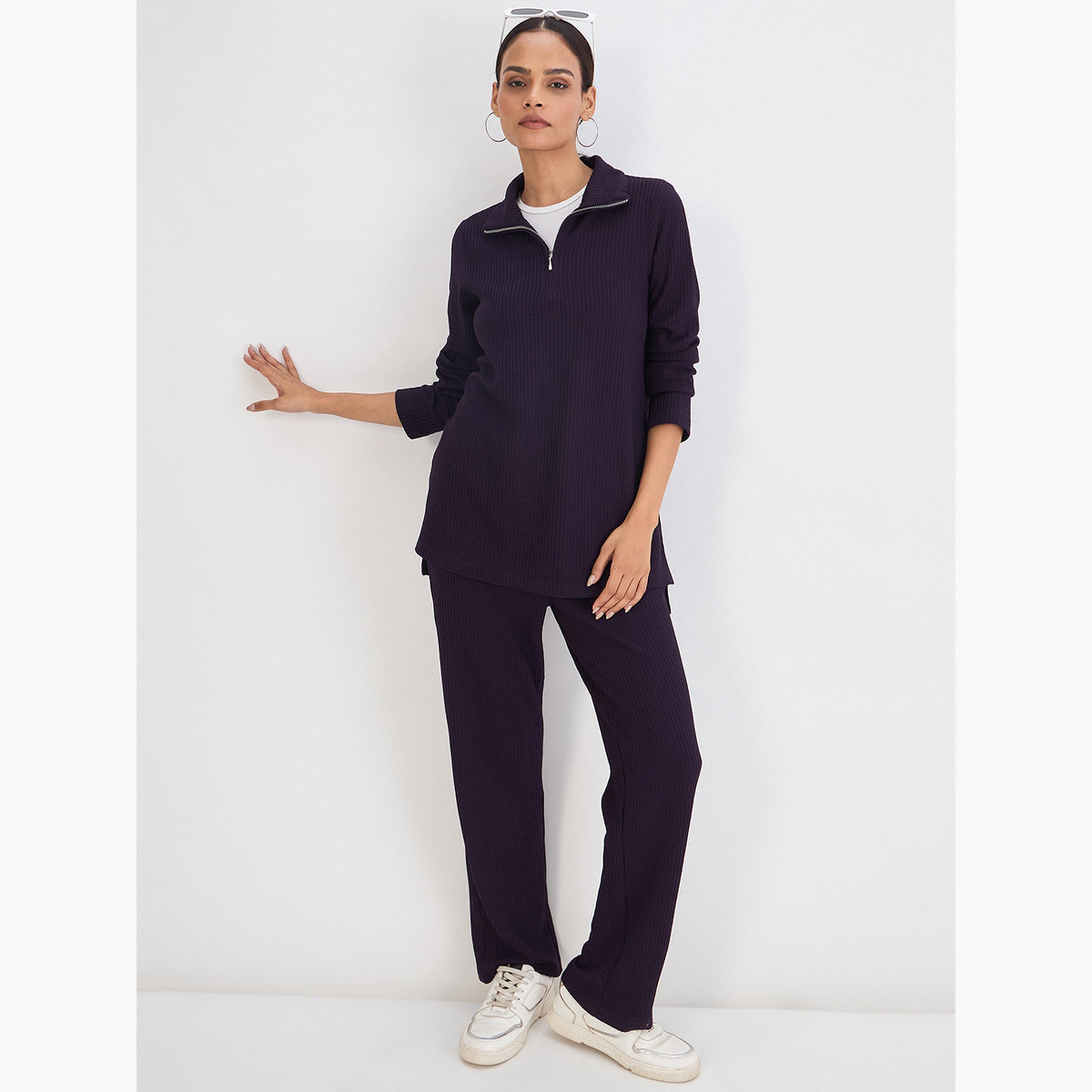 بنطلون نسائي محبوك بنقشة وافل بنفسجي داكن-women-clothing-bottoms-joggers-image-2
