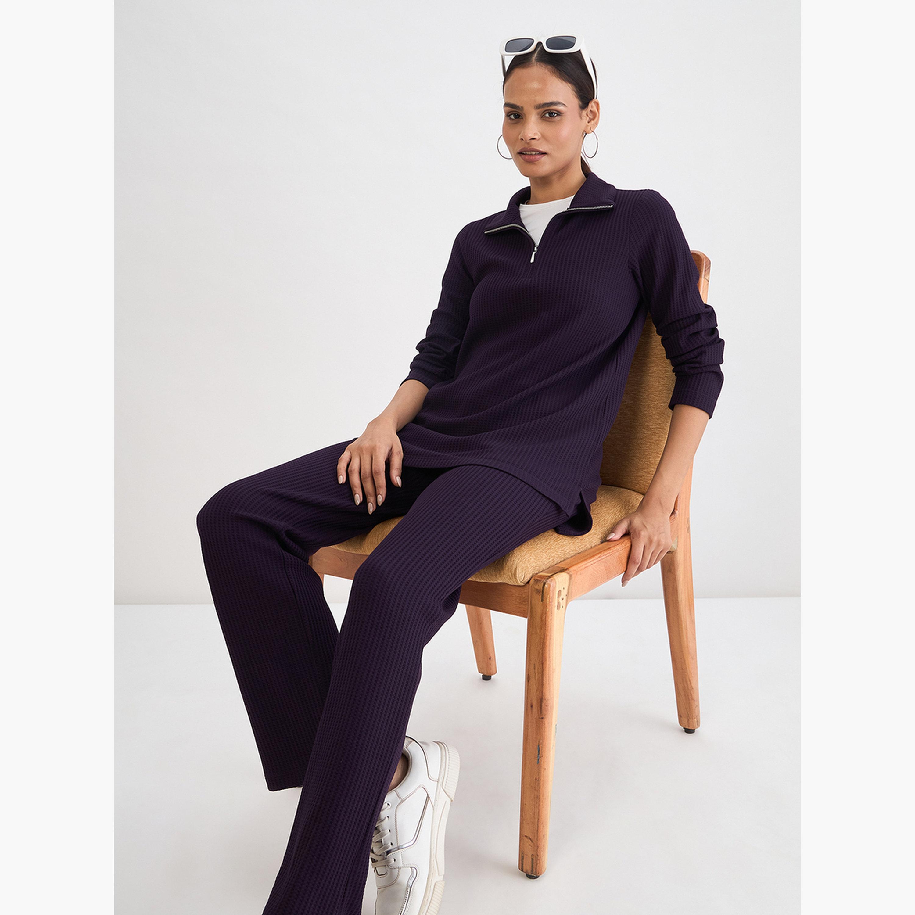 بنطلون نسائي محبوك بنقشة وافل بنفسجي داكن-women-clothing-bottoms-joggers-image-4