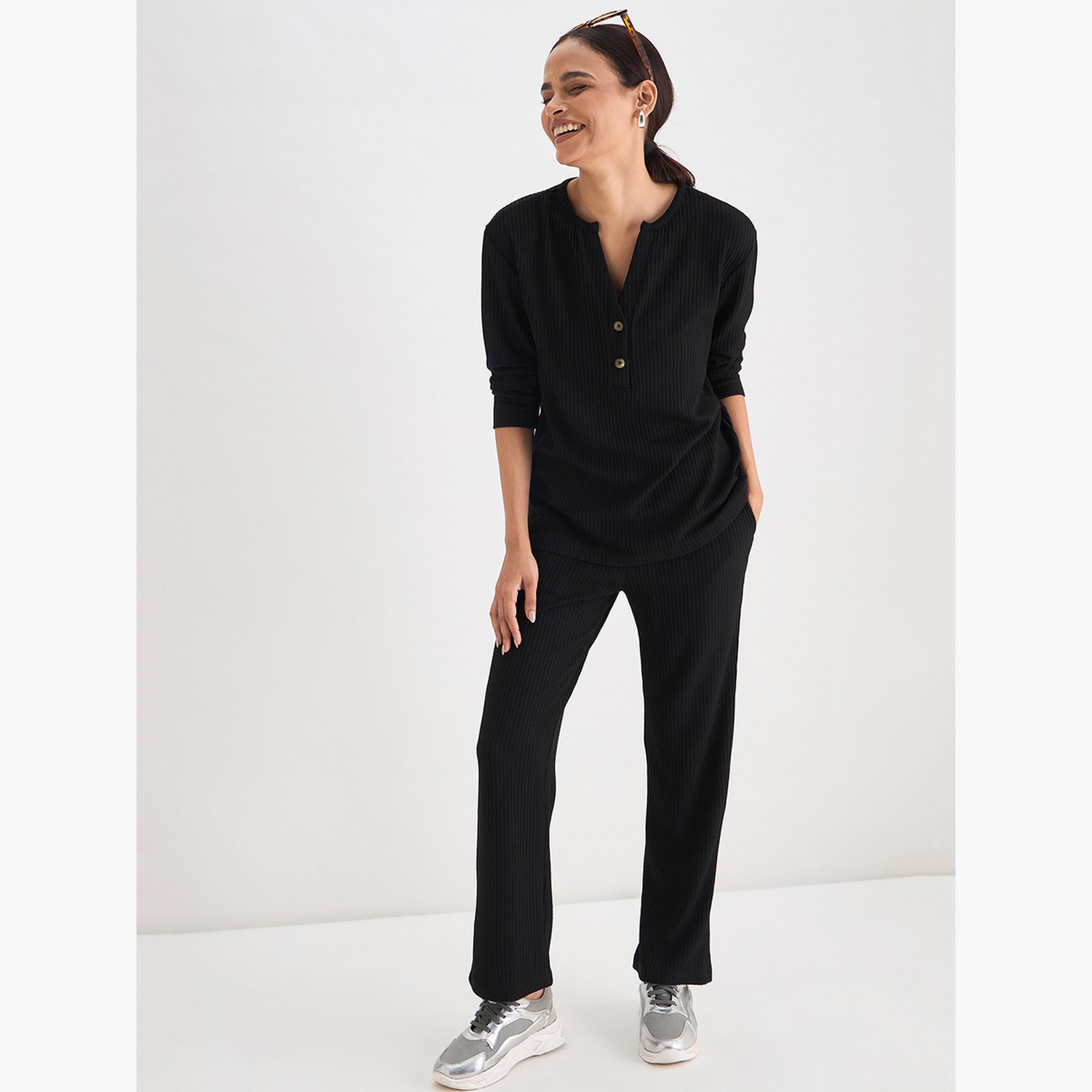 Femmella Women Black Waffle Knit Trousers-women-clothing-bottoms-joggers-image-2