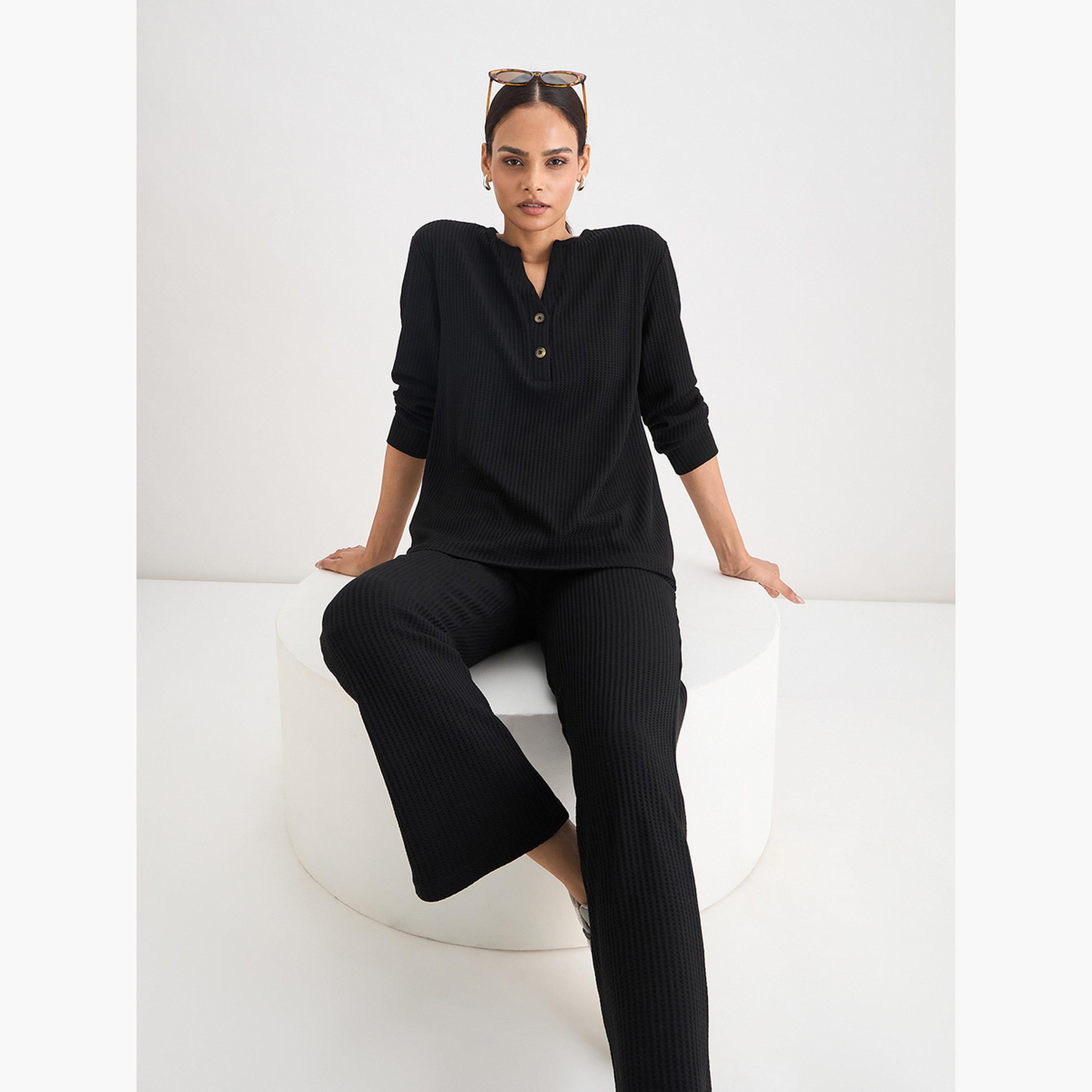 Femmella Women Black Waffle Knit Trousers-women-clothing-bottoms-joggers-image-6