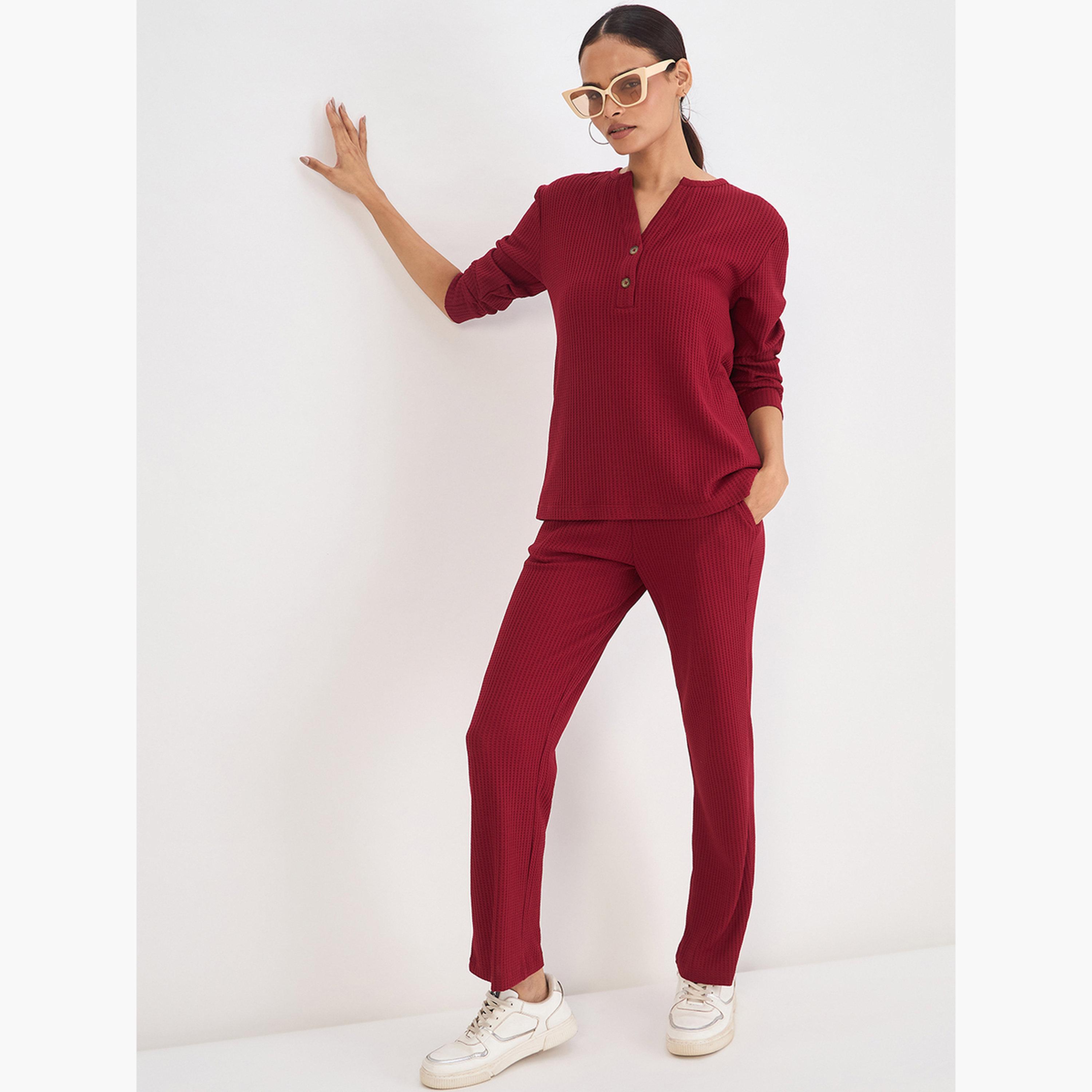 Femmella Women Red Waffle Knit Trousers-women-clothing-bottoms-joggers-image-2