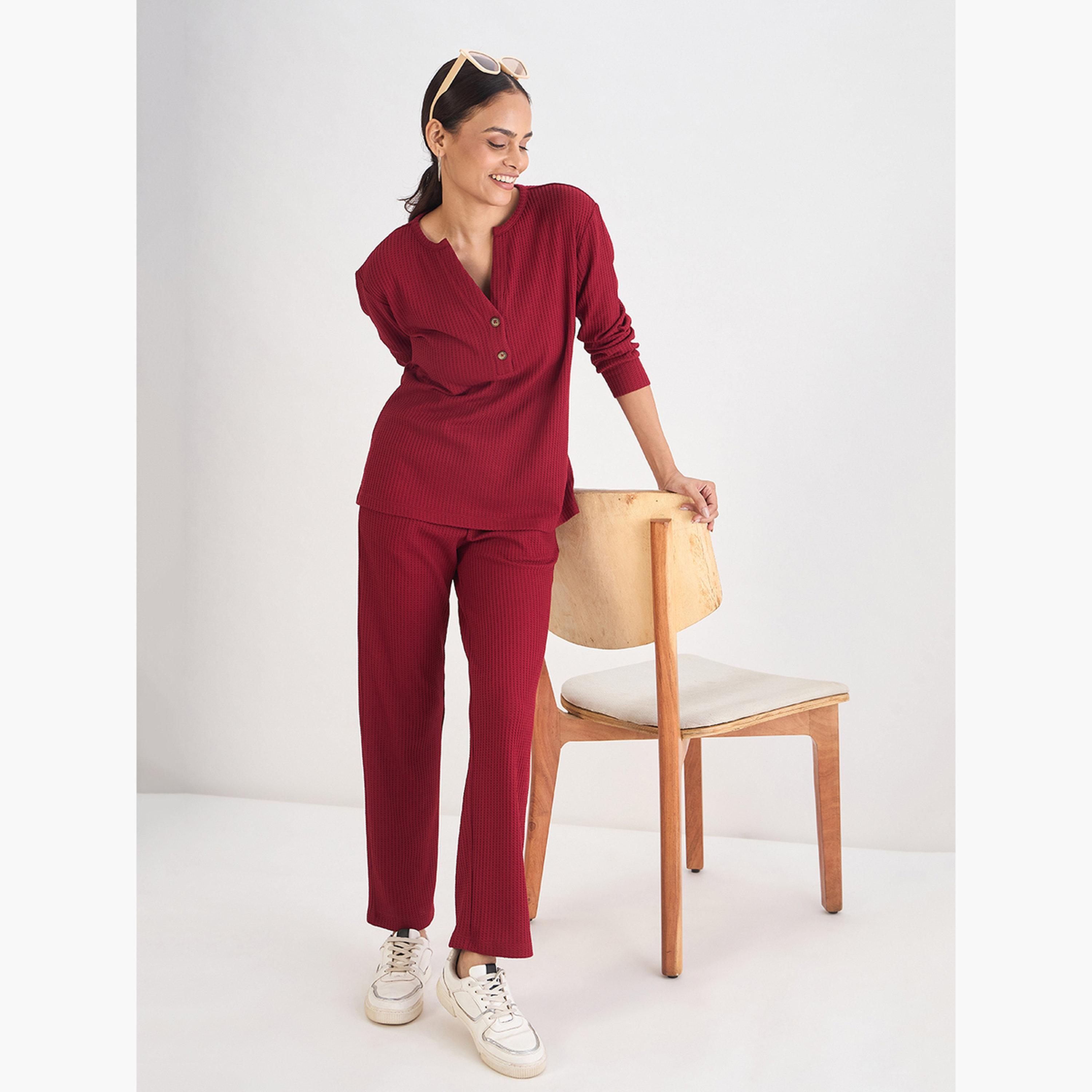 بنطلون نسائي محبوك بنقشة وافل أحمر-women-clothing-bottoms-joggers-image-6