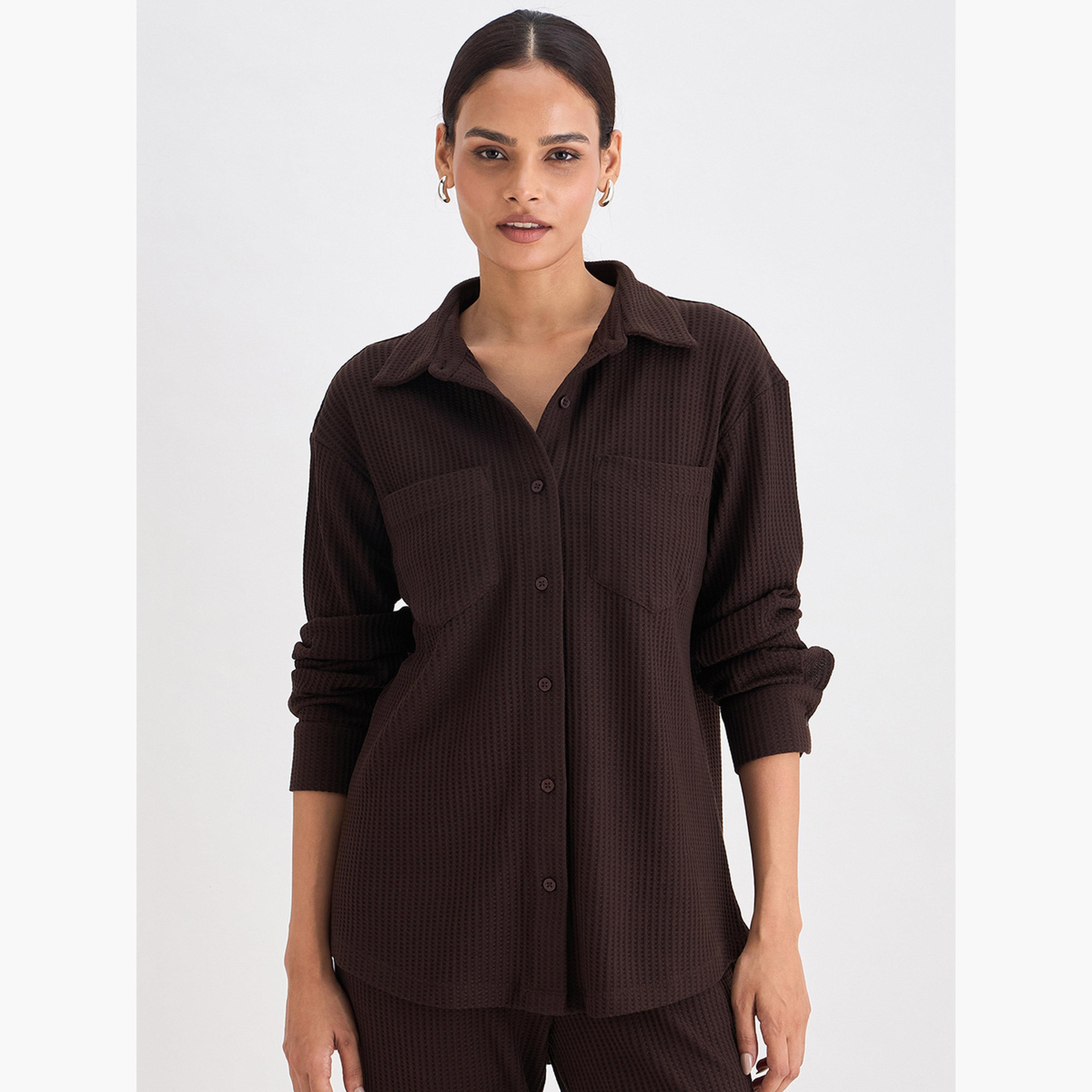 قميص بأزرار محبوك بنمط وافل-women-clothing-shirtsandblouses-shirts-image-1