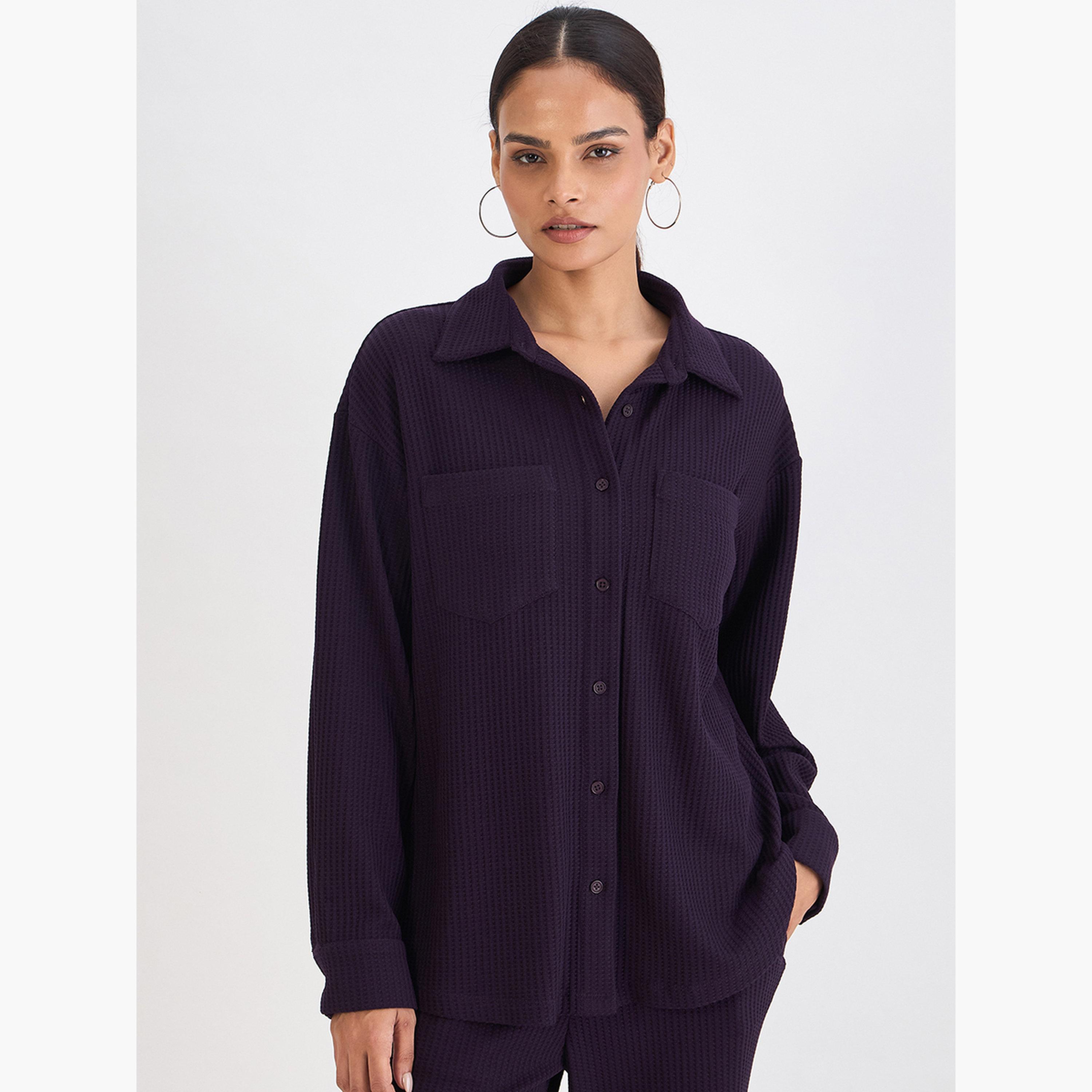 قميص بأزرار محبوك بنمط وافل-women-clothing-shirtsandblouses-shirts-image-1
