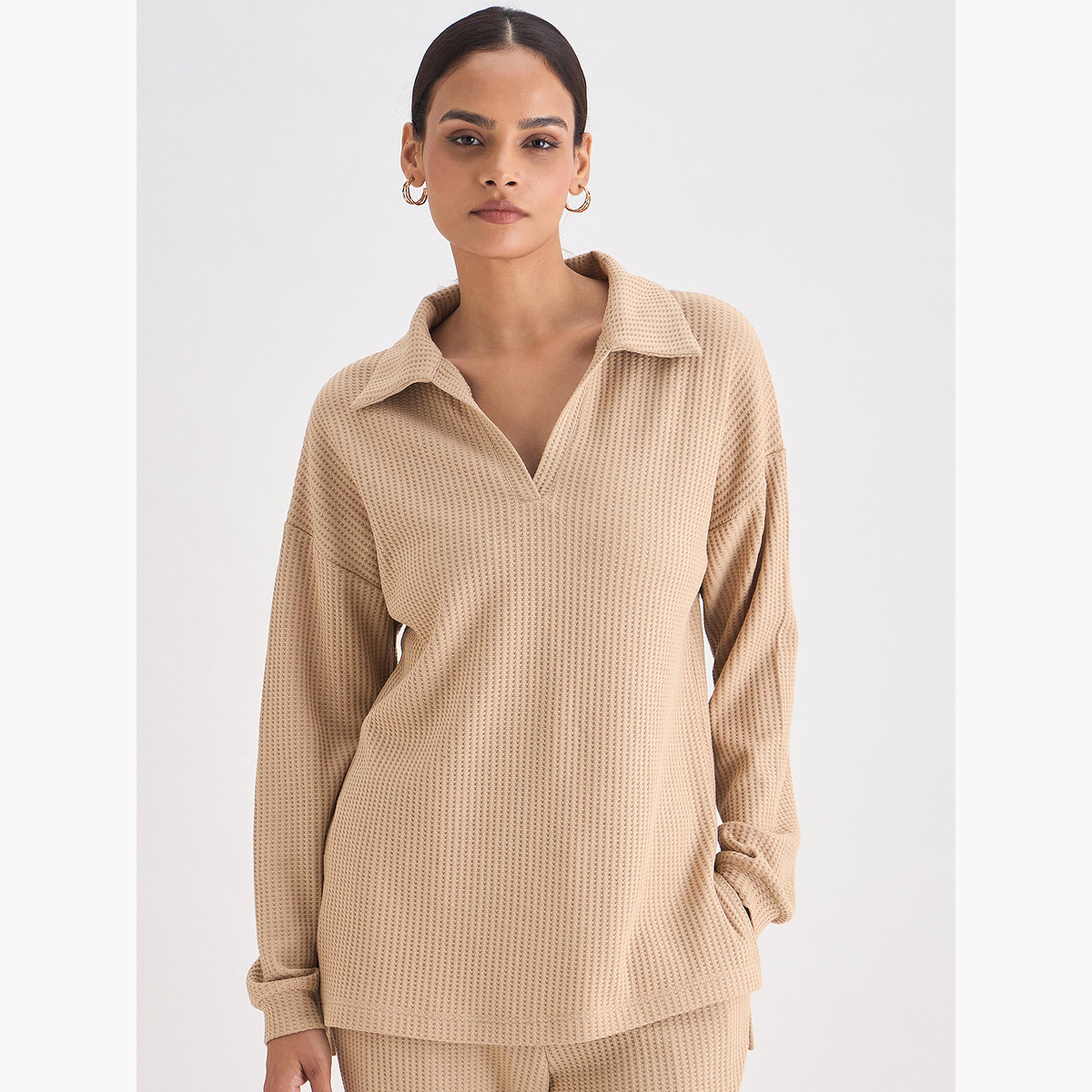 Femmella Women Beige Waffle Knit Collar Detail Top-women-clothing-tshirts-image-1