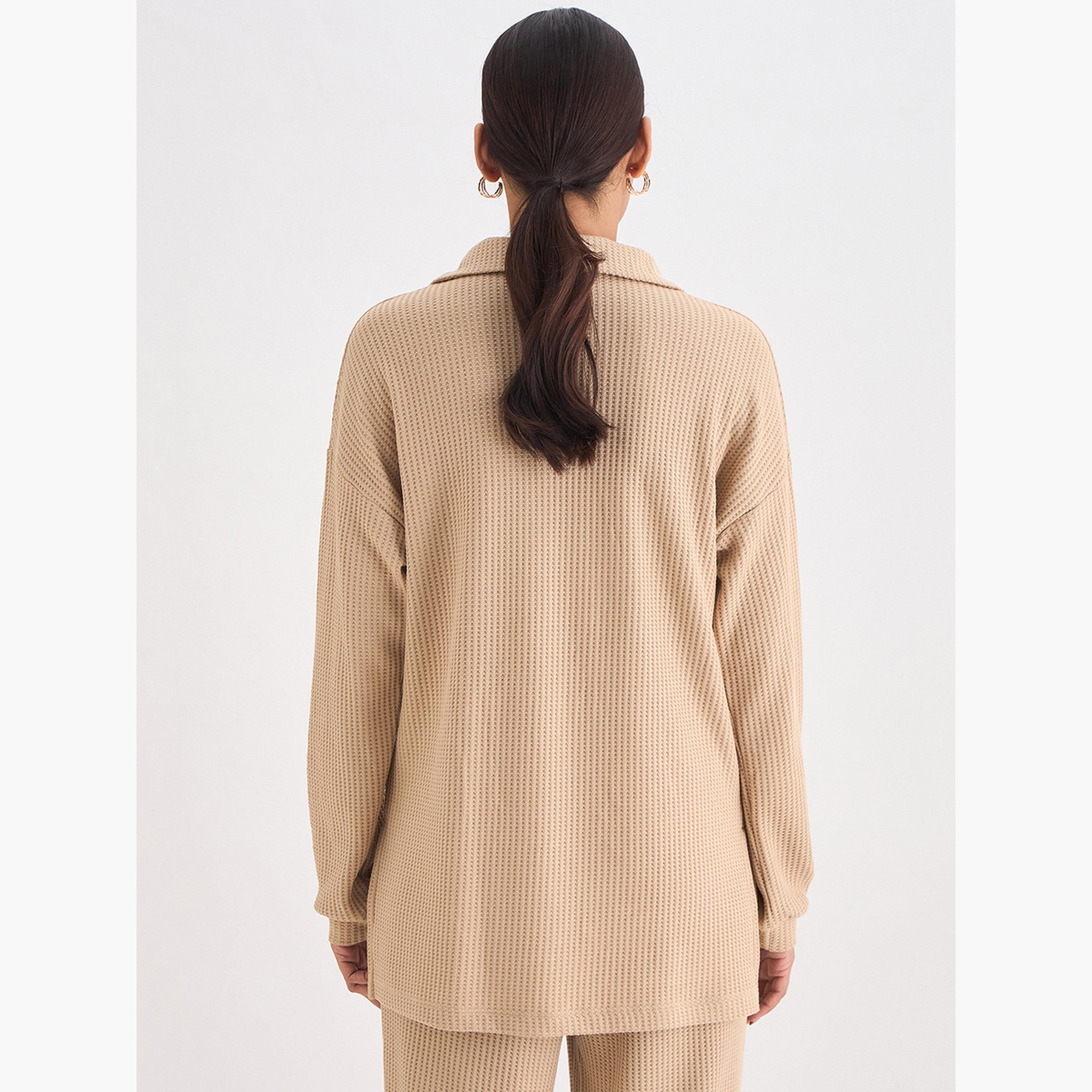 Femmella Women Beige Waffle Knit Collar Detail Top-women-clothing-tshirts-image-2