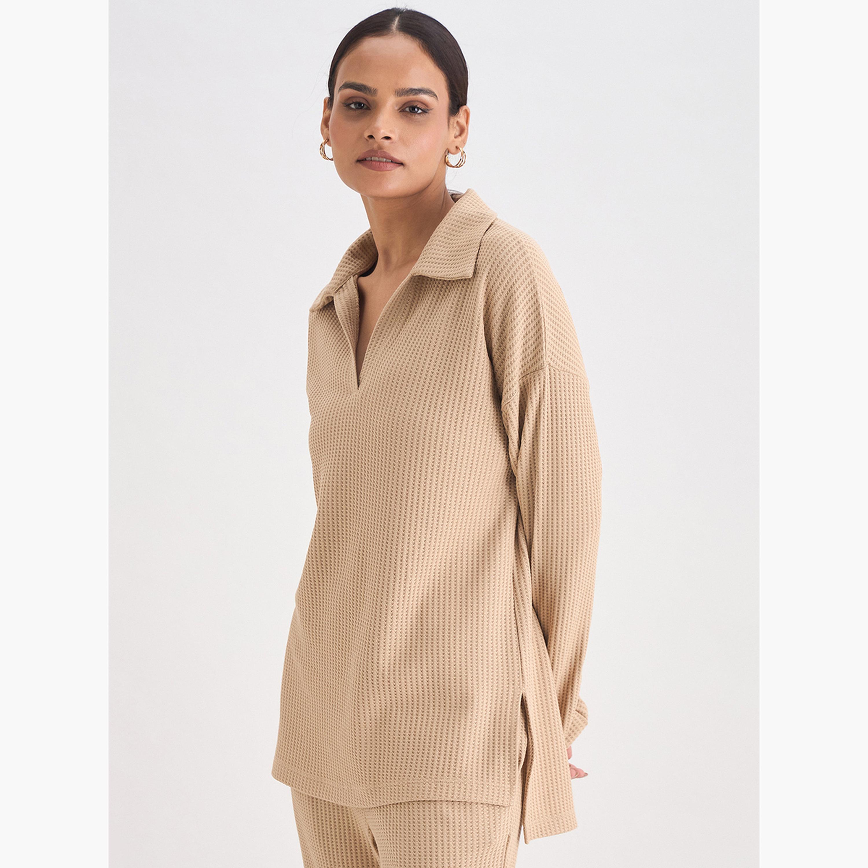Femmella Women Beige Waffle Knit Collar Detail Top-women-clothing-tshirts-image-3