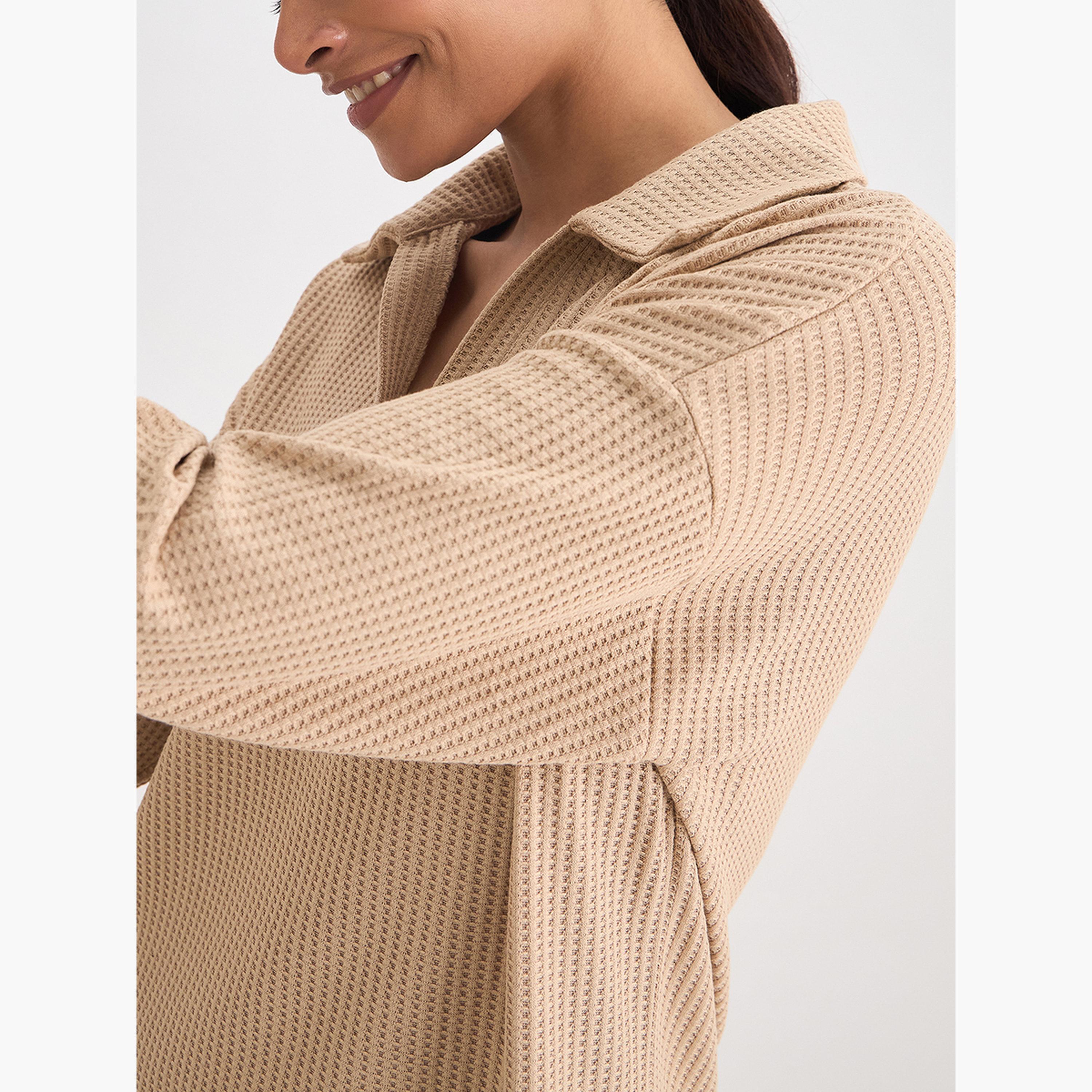 Femmella Women Beige Waffle Knit Collar Detail Top-women-clothing-tshirts-image-4