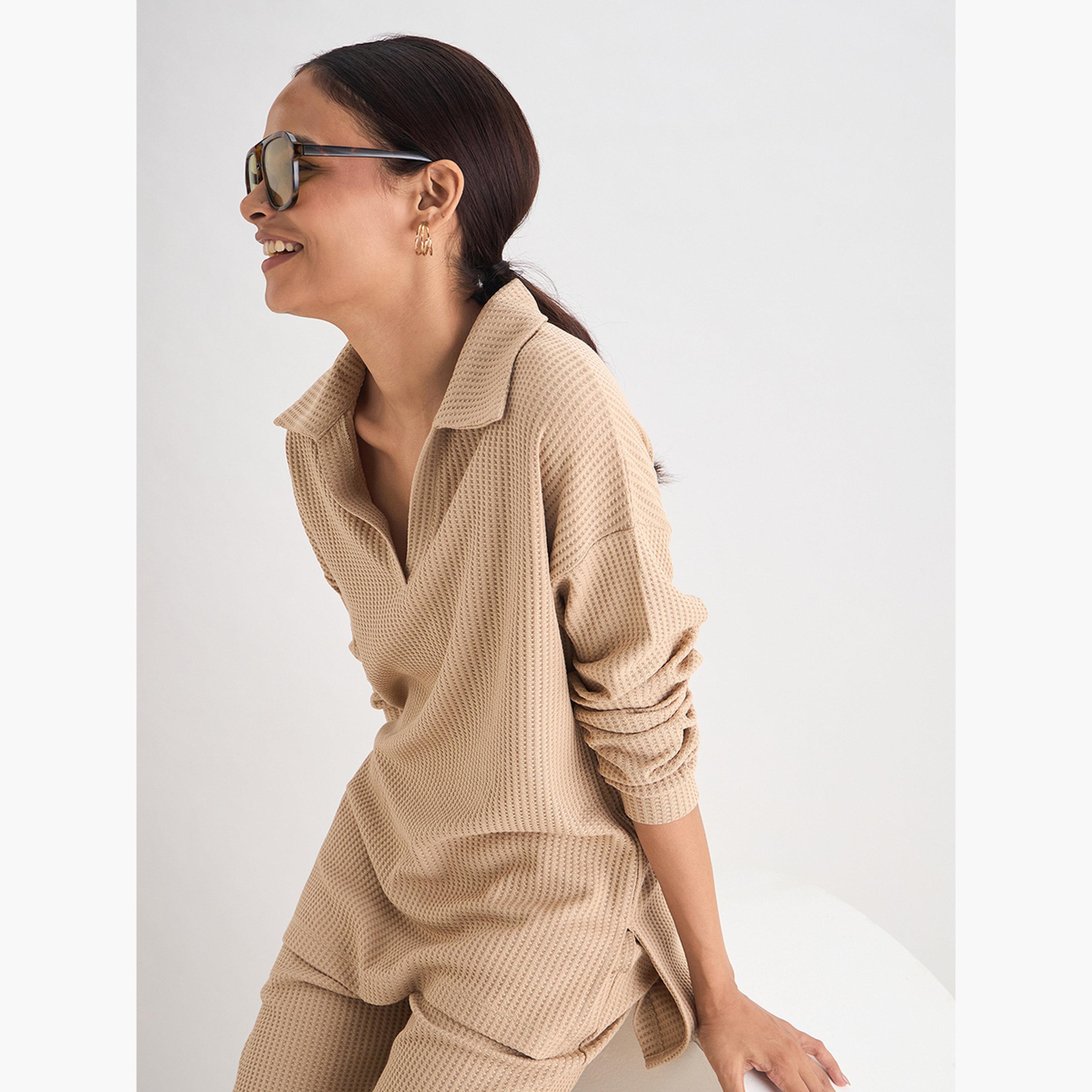 Femmella Women Beige Waffle Knit Collar Detail Top-women-clothing-tshirts-image-6