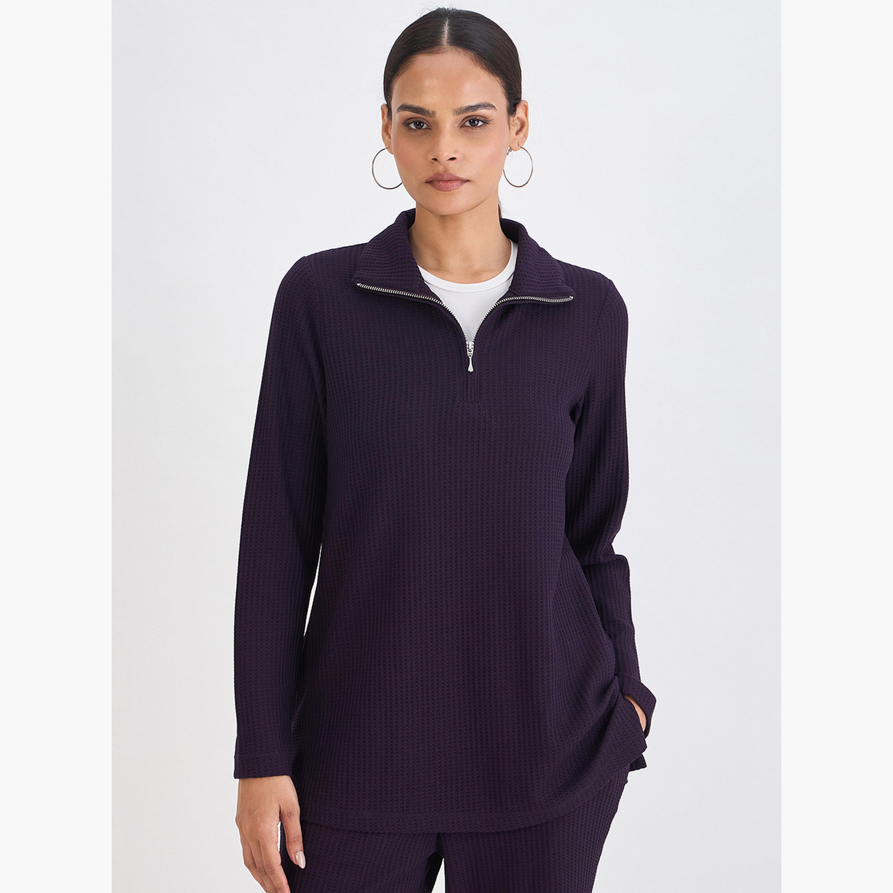 بلوزة بياقة عالية محبوكة بنمط وافل-women-clothing-tshirts-image-1